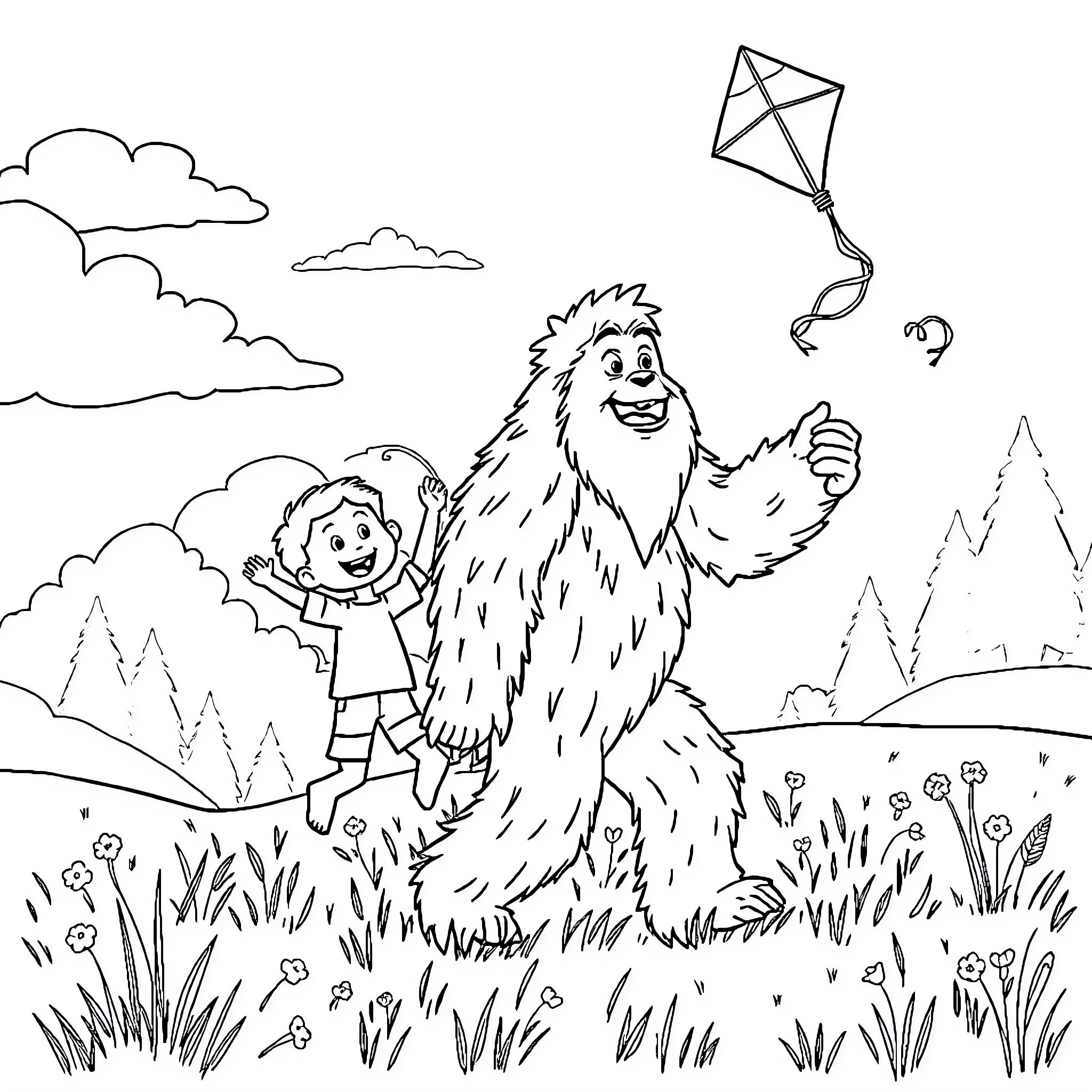 Kite flying with a happy child and furry friend Coloring Page (free black-and-white line drawing printable PDF for all, from beginners to advanced learners, including children, teens, adults, and seniors)
