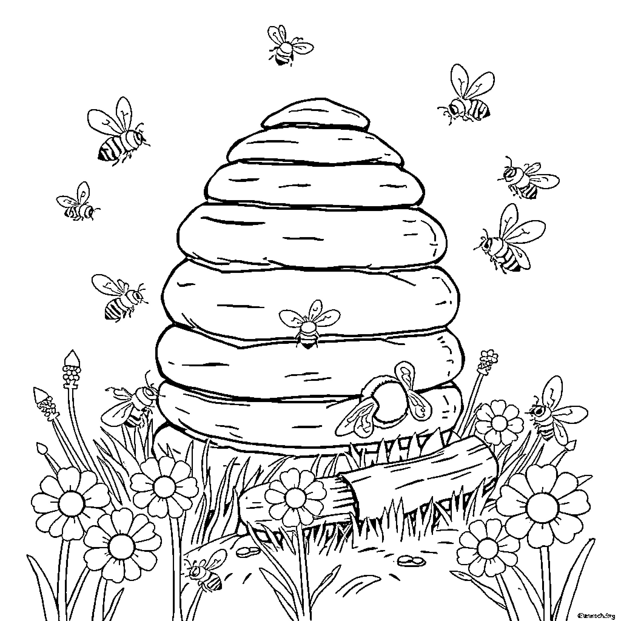 Bee skep surrounded by buzzing bees and flowers Coloring Page (free black-and-white line drawing printable PDF for all, from beginners to advanced learners, including children, teens, adults, and seniors)