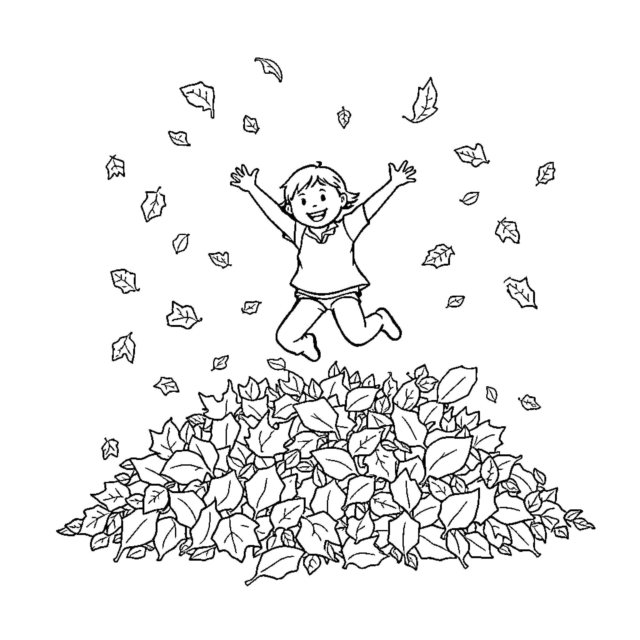 Fall Joyful Leap Through Autumn Leaves Coloring Page (free black-and-white line drawing printable PDF for all, from beginners to advanced learners, including children, teens, adults, and seniors)