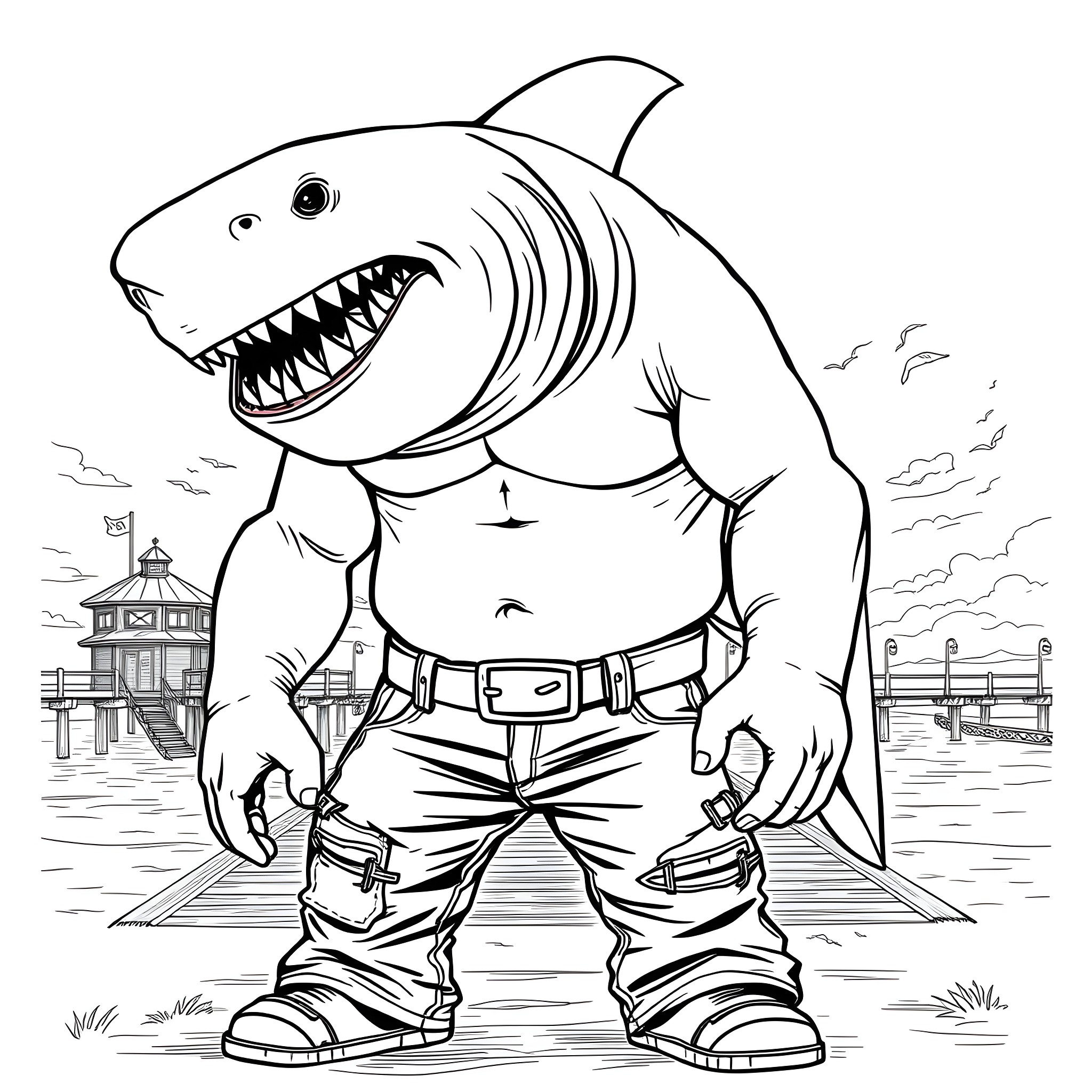 Shark Monster Terrorizing the Pier Coloring Page (free black-and-white line drawing printable PDF for all, from beginners to advanced learners, including children, teens, adults, and seniors)