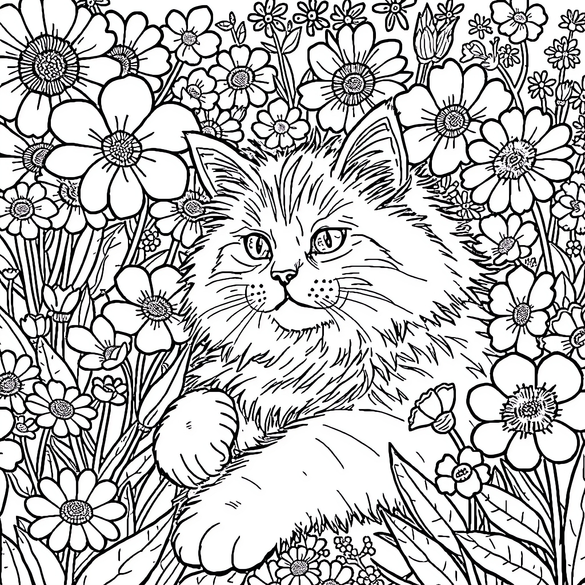 Cat in a Floral Garden Coloring Page (free black-and-white line drawing printable PDF for all, from beginners to advanced learners, including children, teens, adults, and seniors)
