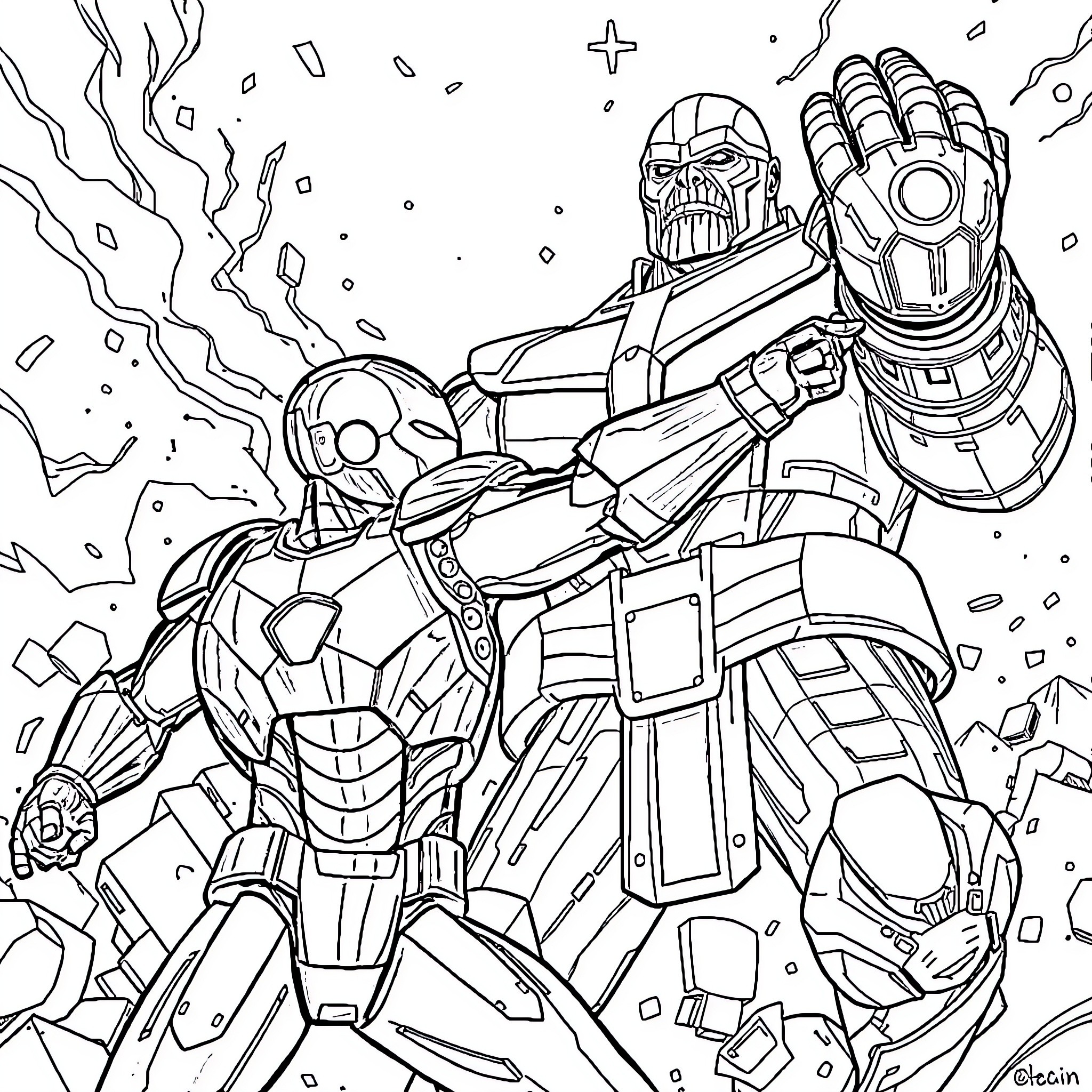 Ironman in epic battle with destructive power Coloring Page (free black-and-white line drawing printable PDF for all, from beginners to advanced learners, including children, teens, adults, and seniors)