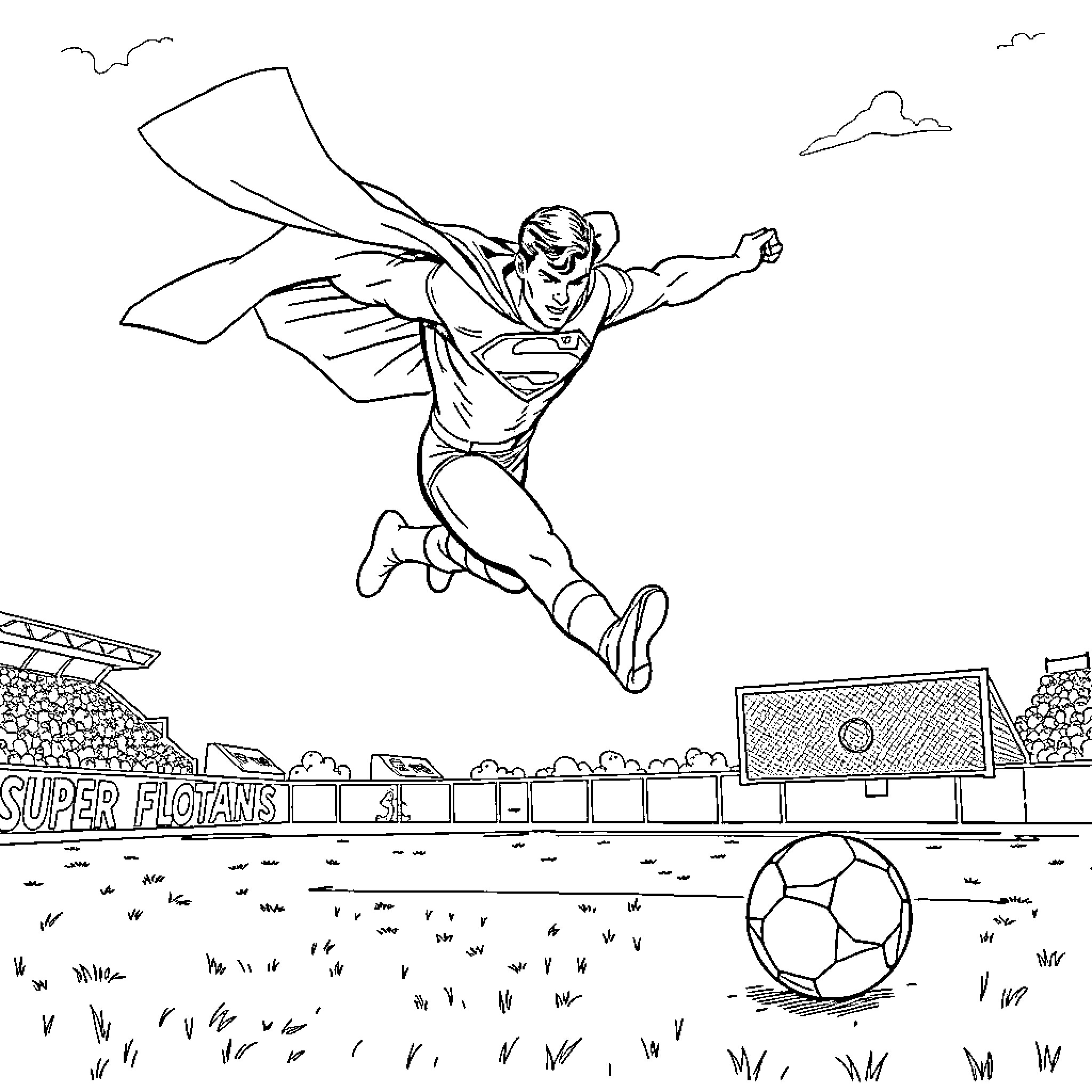 Superman soaring above a football stadium Coloring Page (free black-and-white line drawing printable PDF for all, from beginners to advanced learners, including children, teens, adults, and seniors)