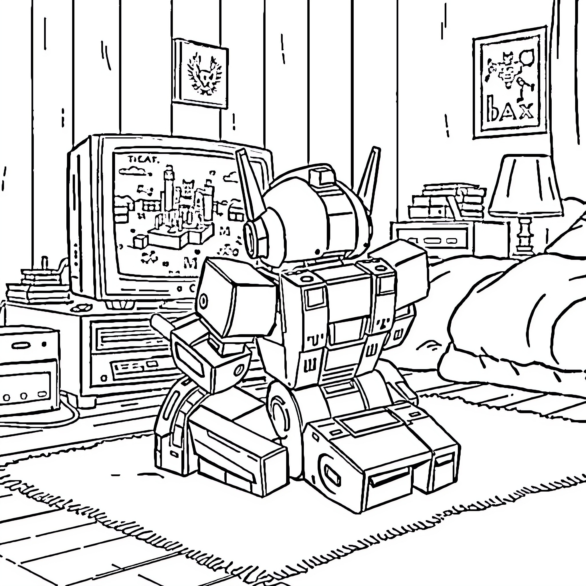Transformer robot in a cozy living room Coloring Page (free black-and-white line drawing printable PDF for all, from beginners to advanced learners, including children, teens, adults, and seniors)