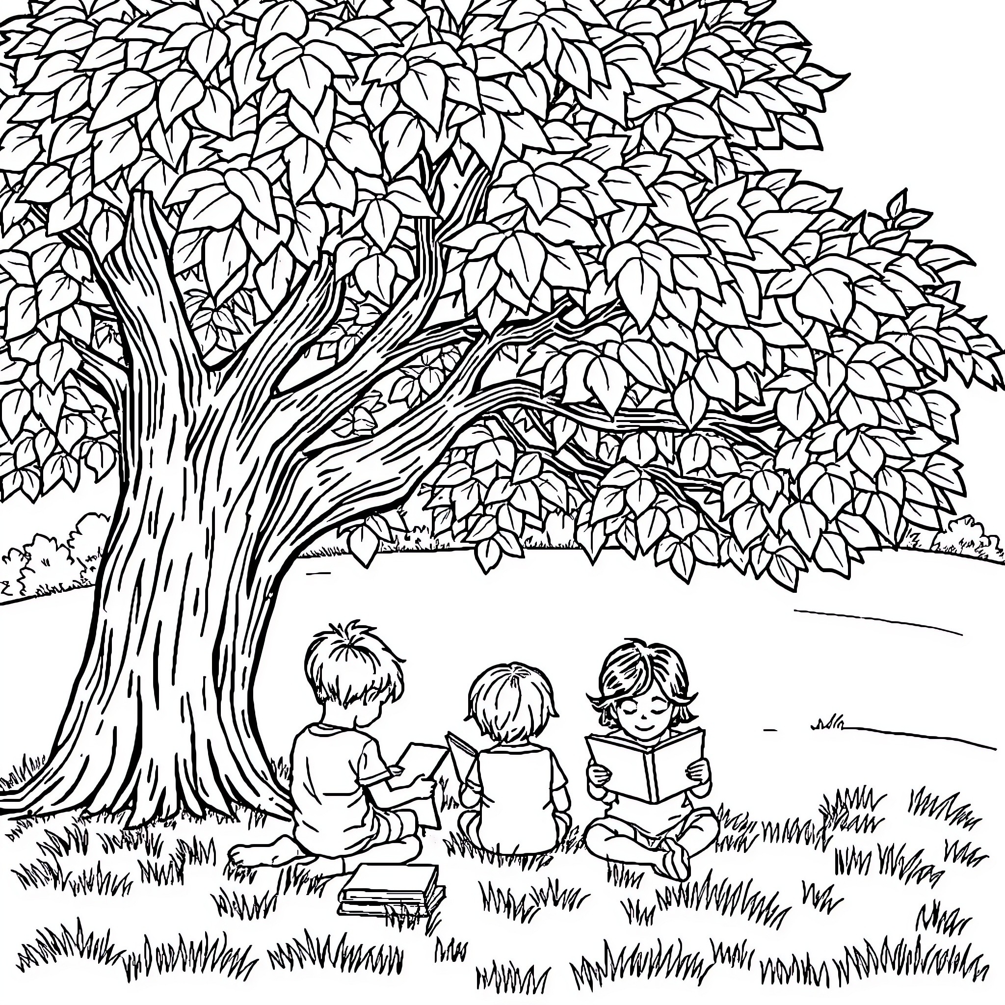 Children reading books under the tree Coloring Page (free black-and-white line drawing printable PDF for all, from beginners to advanced learners, including children, teens, adults, and seniors)