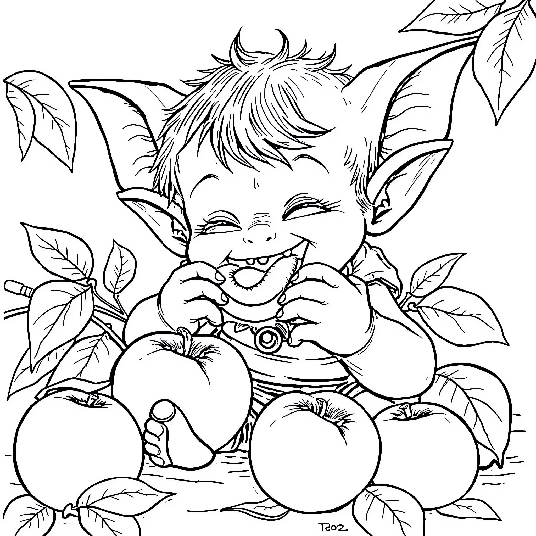 Goblin enjoying delightful apple feast in nature Coloring Page (free black-and-white line drawing printable PDF for all, from beginners to advanced learners, including children, teens, adults, and seniors)