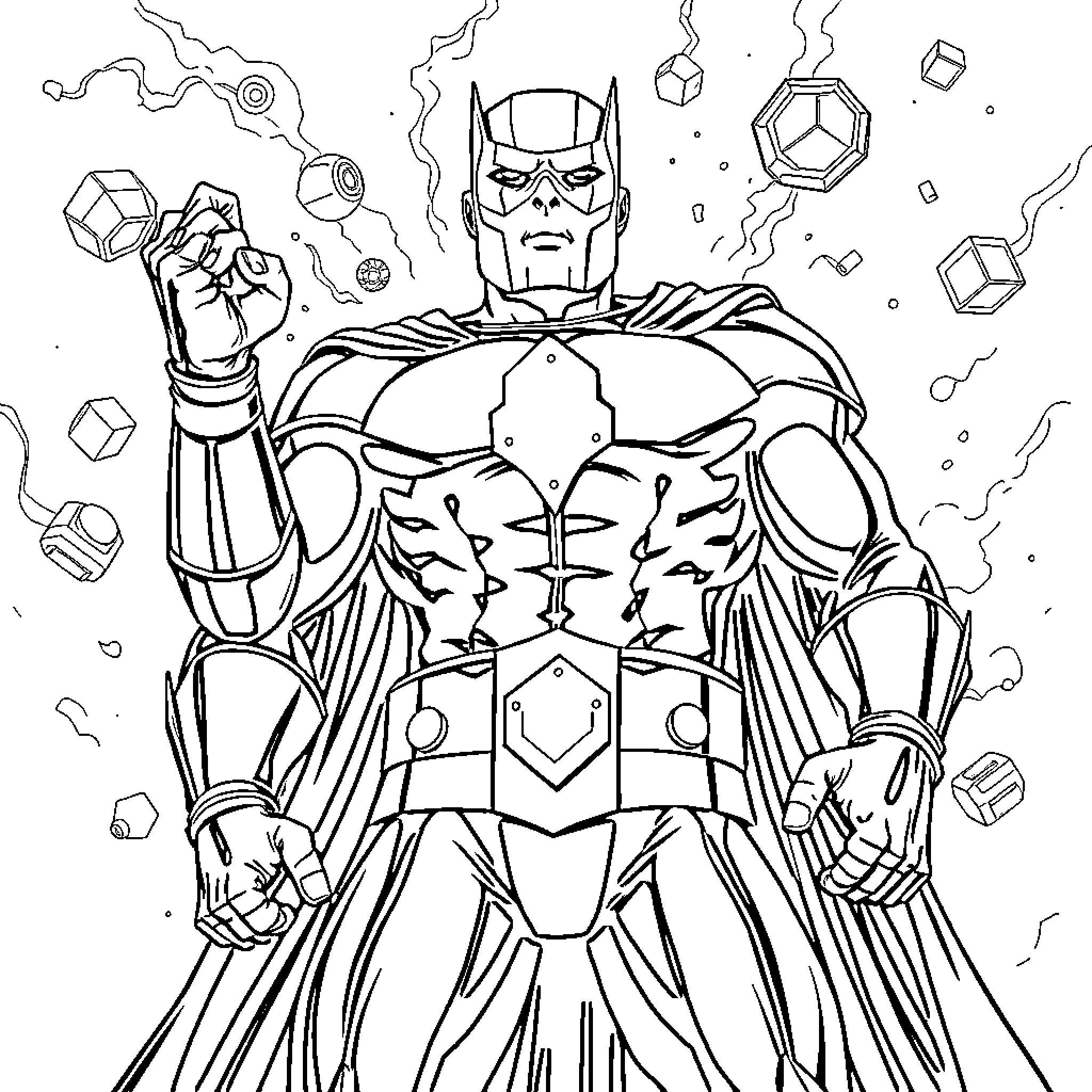 Magneto wielding power amid cosmic chaos Coloring Page (free black-and-white line drawing printable PDF for all, from beginners to advanced learners, including children, teens, adults, and seniors)