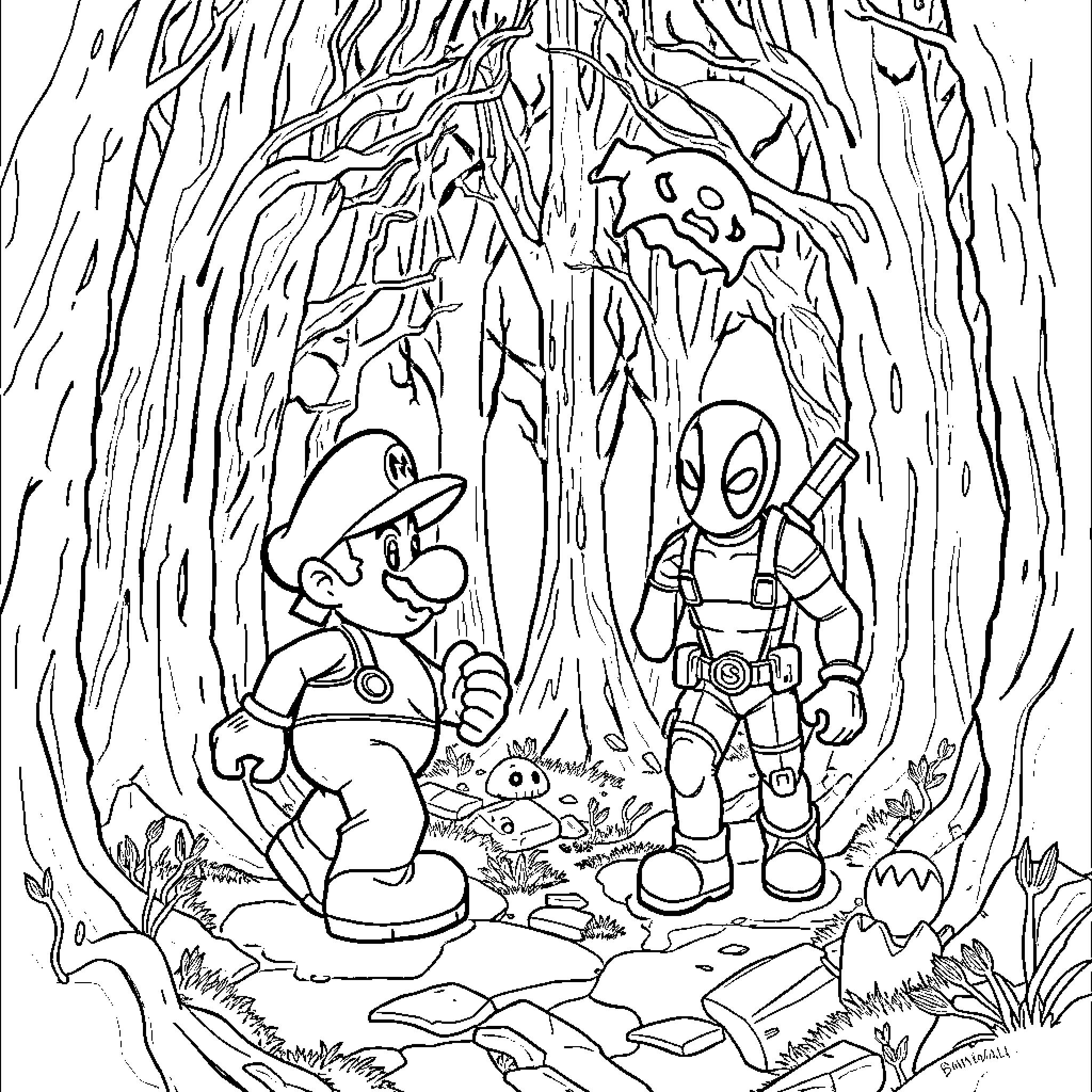 Mario and Deadpool Adventure in the Forest Coloring Page (free black-and-white line drawing printable PDF for all, from beginners to advanced learners, including children, teens, adults, and seniors)
