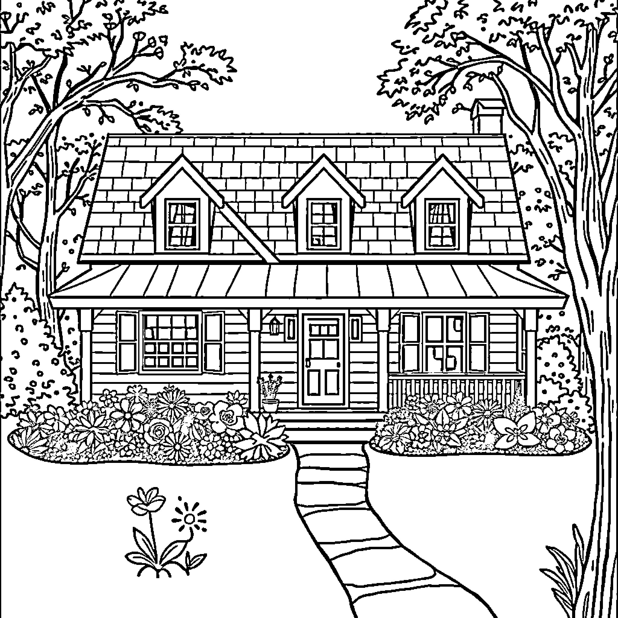 House in Cozy Countryside Landscape Coloring Page (free black-and-white line drawing printable PDF for all, from beginners to advanced learners, including children, teens, adults, and seniors)