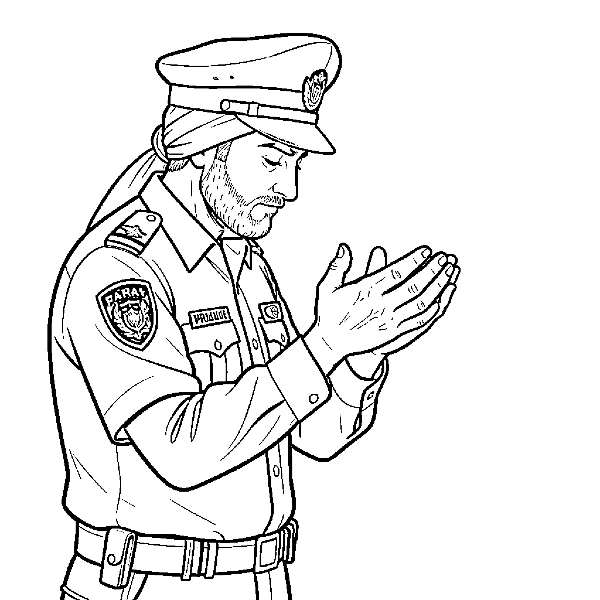 Muslim man in uniform praying with hands raised Coloring Page (free black-and-white line drawing printable PDF for all, from beginners to advanced learners, including children, teens, adults, and seniors)