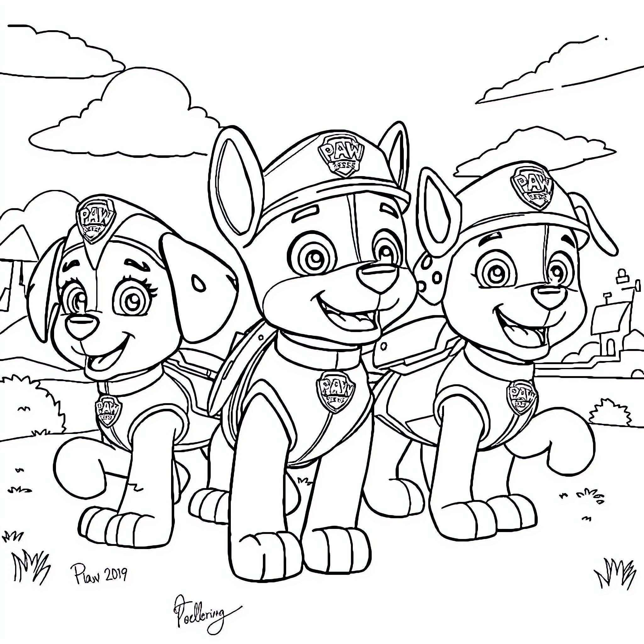 Paw Patrol pups in action Coloring Page (free black-and-white line drawing printable PDF for all, from beginners to advanced learners, including children, teens, adults, and seniors)