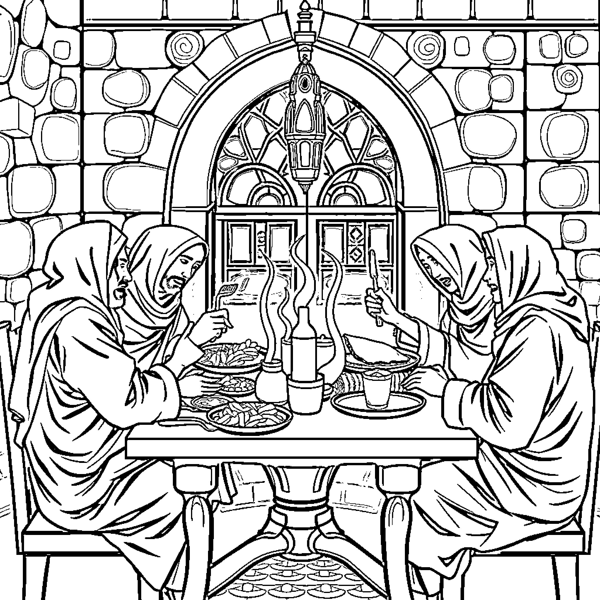 Muslims gathered in a traditional setting Coloring Page (free black-and-white line drawing printable PDF for all, from beginners to advanced learners, including children, teens, adults, and seniors)