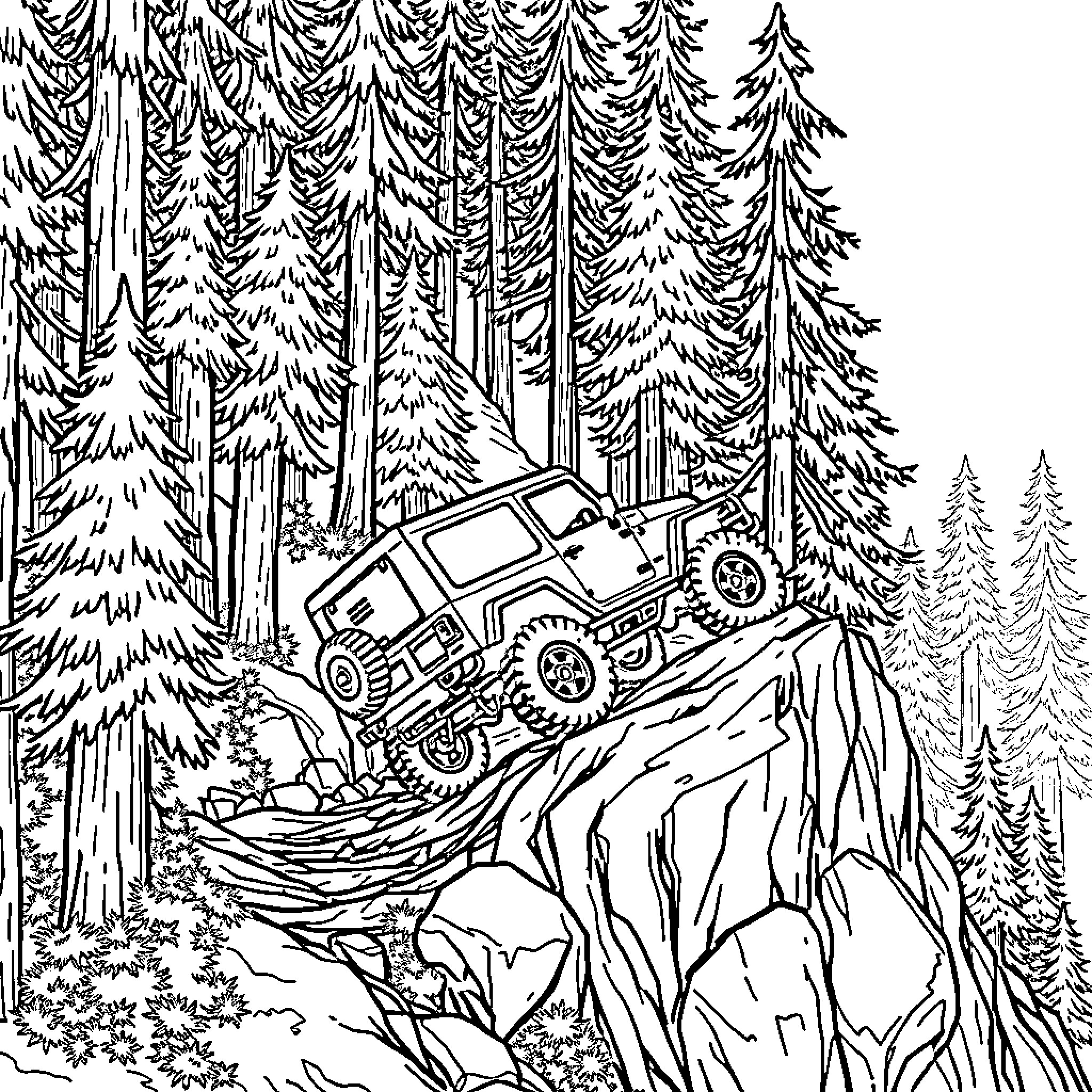 Car climbing rocky terrain in forest Coloring Page (free black-and-white line drawing printable PDF for all, from beginners to advanced learners, including children, teens, adults, and seniors)