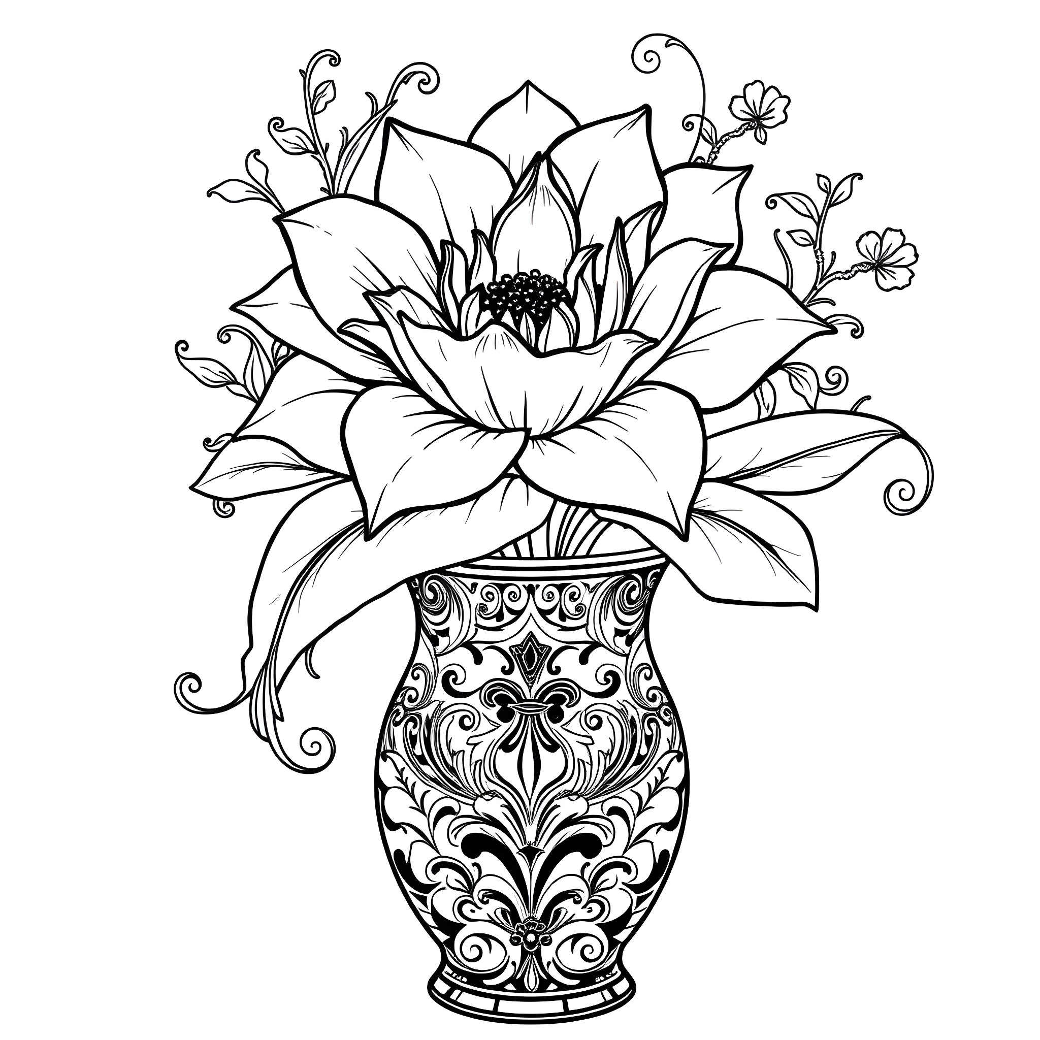 Flower bouquet in ornate vase Coloring Page (free black-and-white line drawing printable PDF for all, from beginners to advanced learners, including children, teens, adults, and seniors)