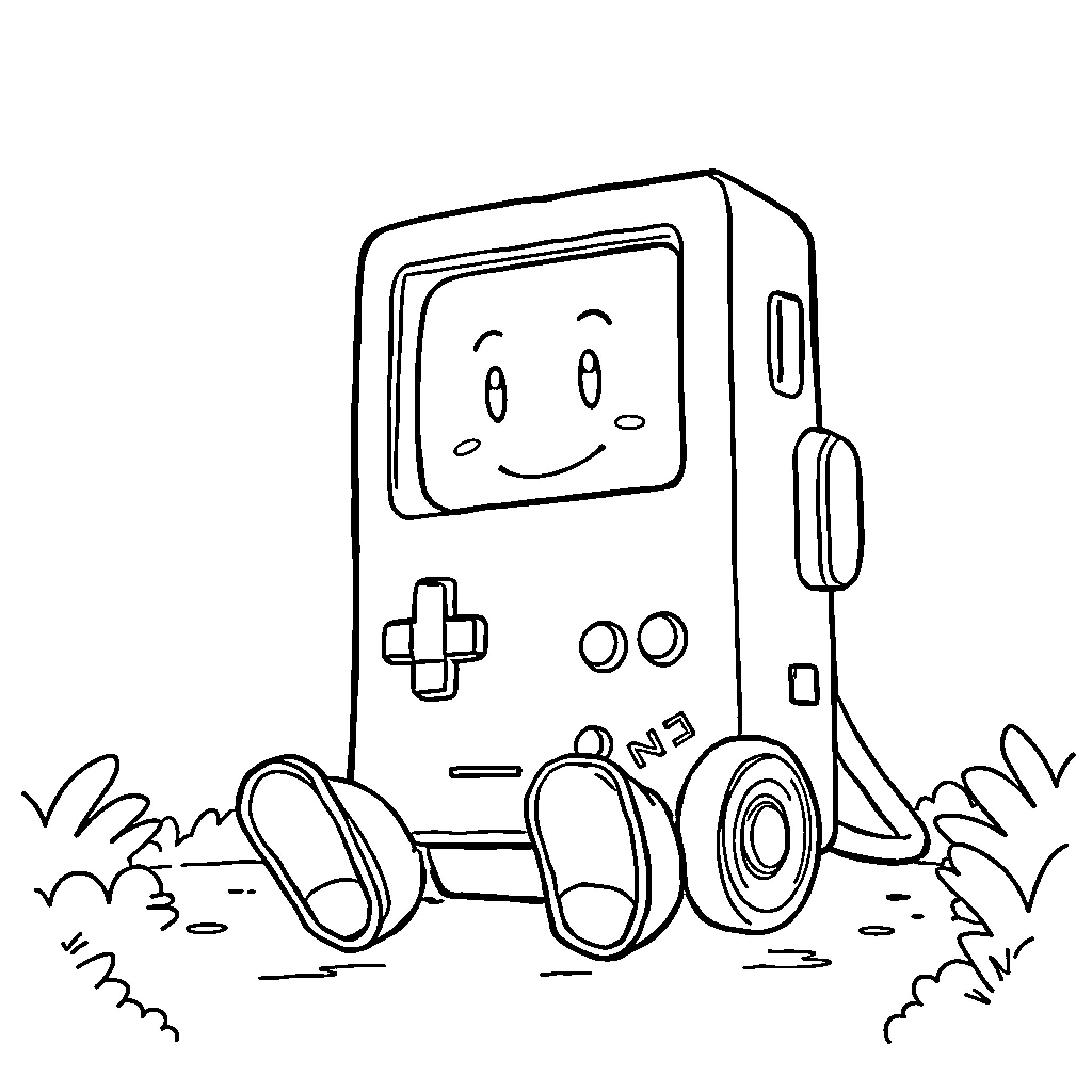 BMO playing in a grassy field Coloring Page (free black-and-white line drawing printable PDF for all, from beginners to advanced learners, including children, teens, adults, and seniors)