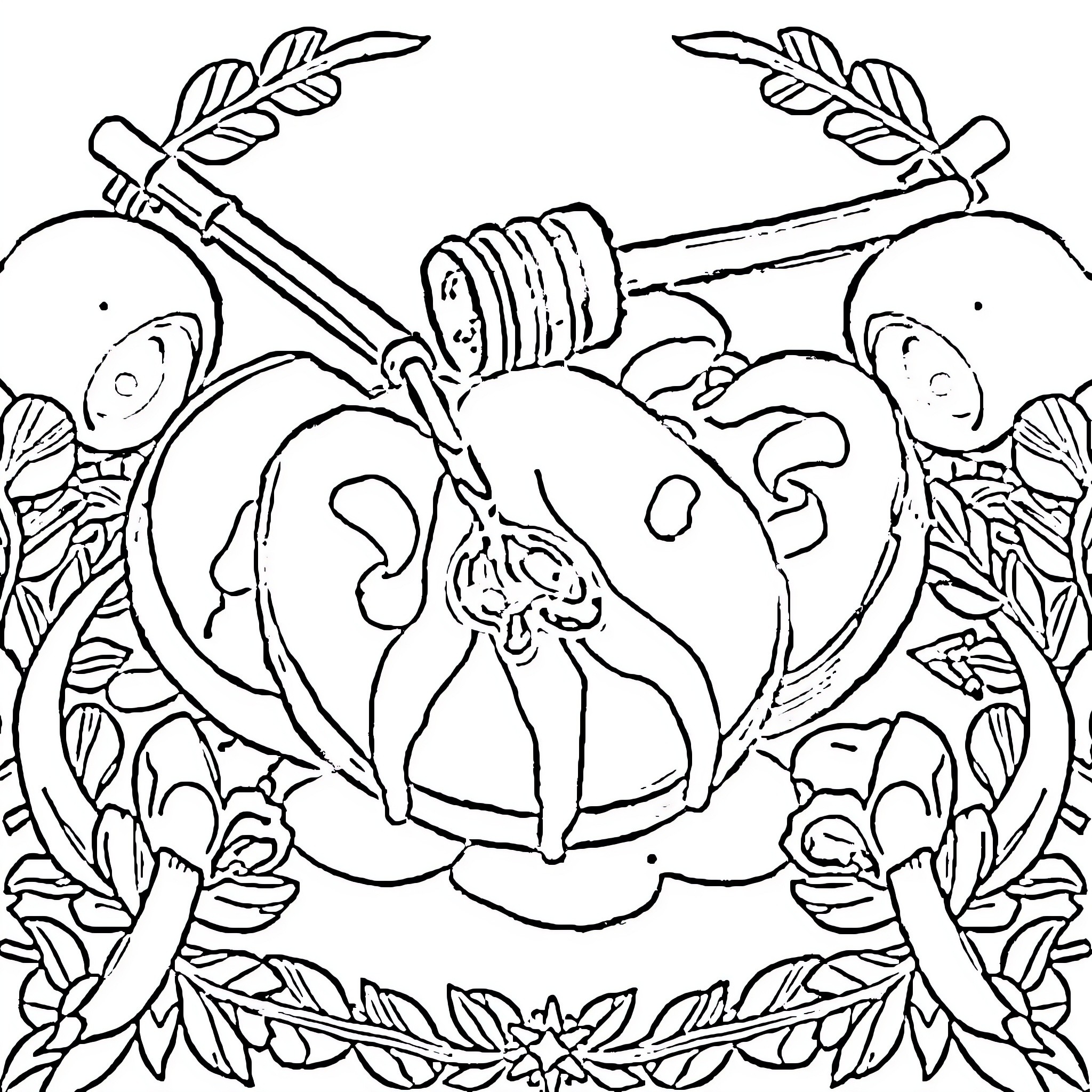 Apple-shaped item with drawing tools surrounded by foliage Coloring Page (free black-and-white line drawing printable PDF for all, from beginners to advanced learners, including children, teens, adults, and seniors)