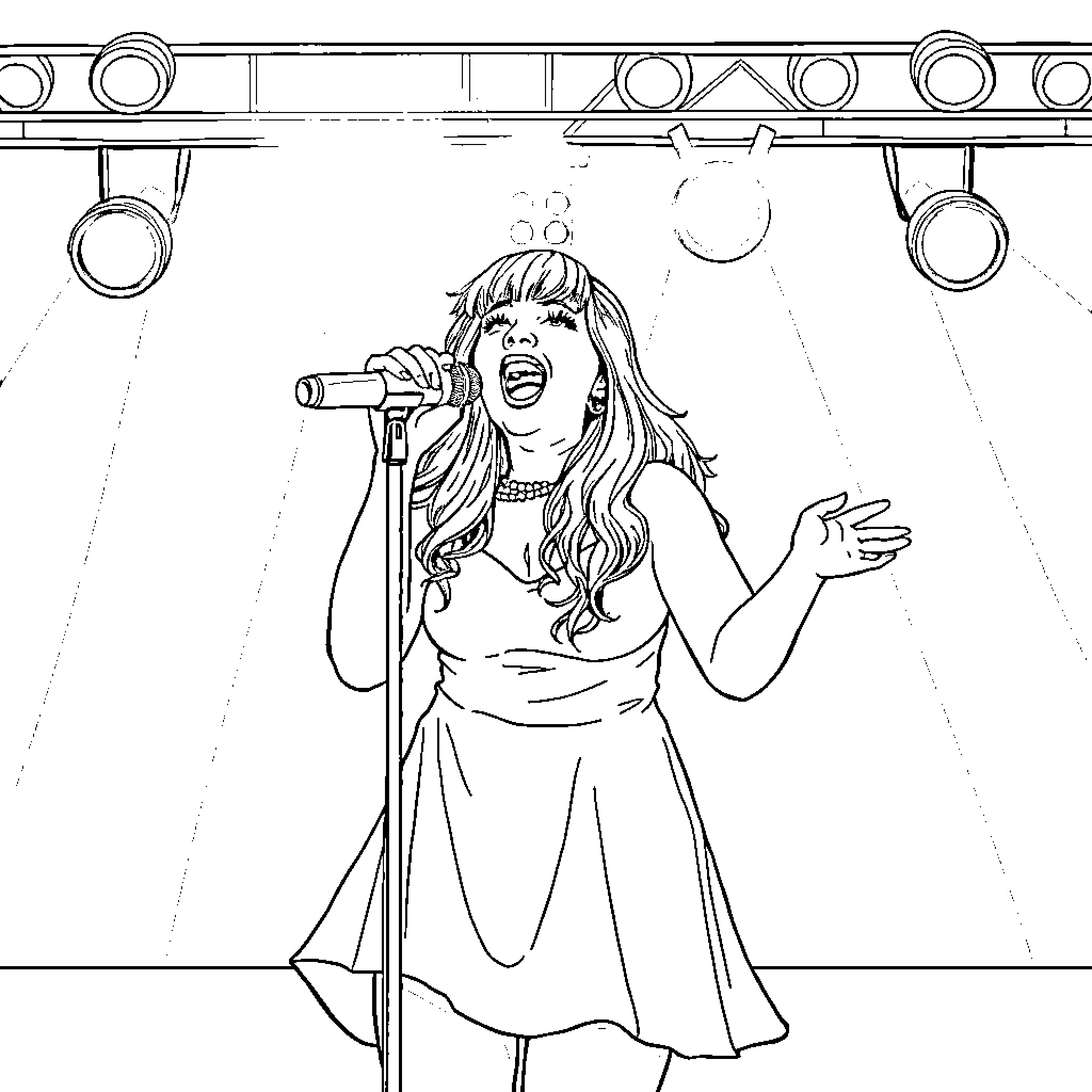 Sia Performing on Stage with Passion Coloring Page (free black-and-white line drawing printable PDF for all, from beginners to advanced learners, including children, teens, adults, and seniors)