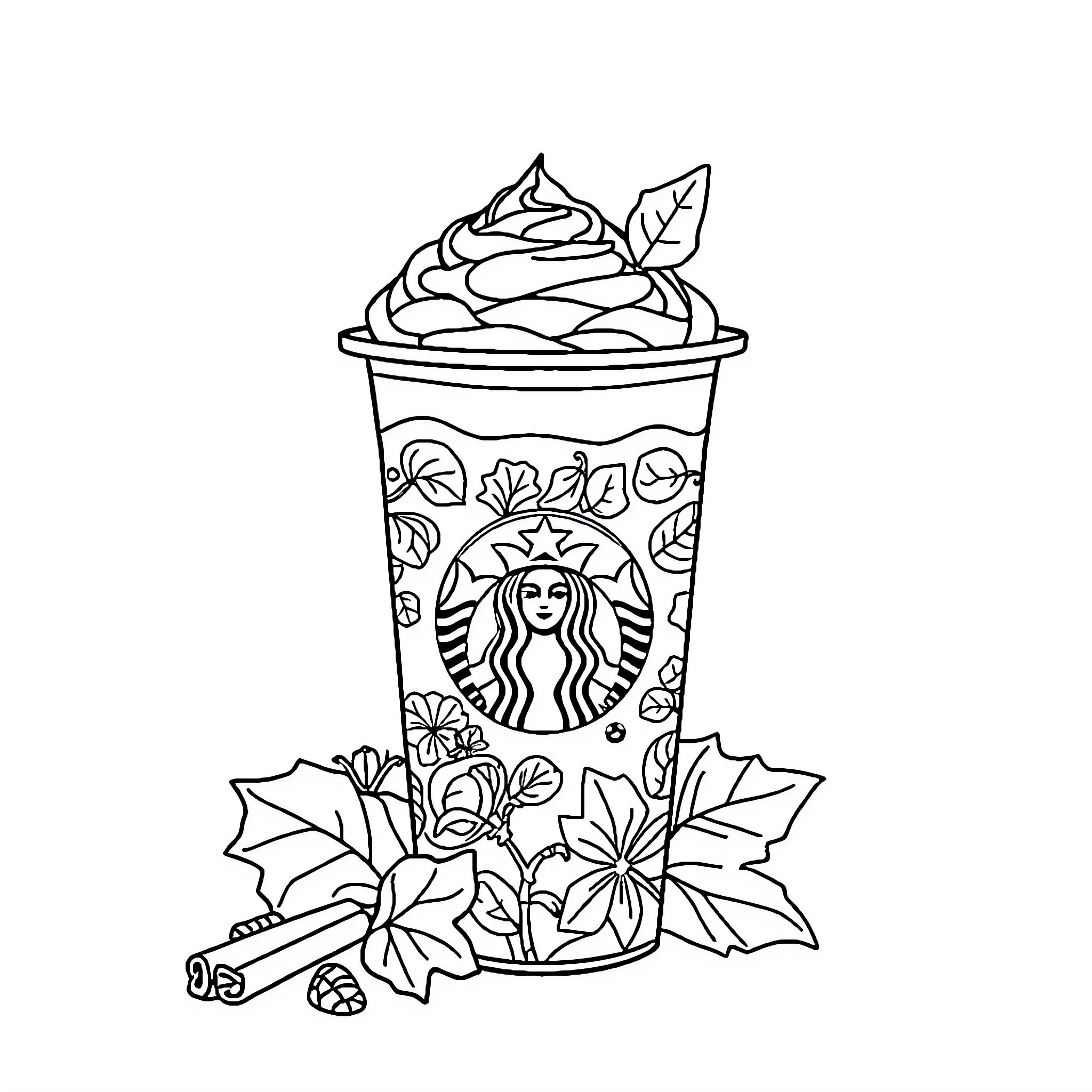 Starbucks Iced Coffee Drink with Autumn Leaves Coloring Page (free black-and-white line drawing printable PDF for all, from beginners to advanced learners, including children, teens, adults, and seniors)