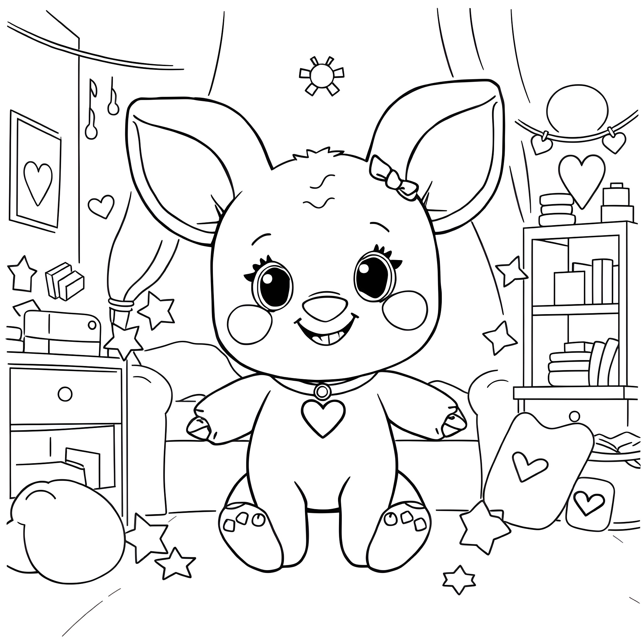 Labubu, the Adorable Plush Bunny Surrounded by Whimsical Decor Coloring Page (free black-and-white line drawing printable PDF for all, from beginners to advanced learners, including children, teens, adults, and seniors)