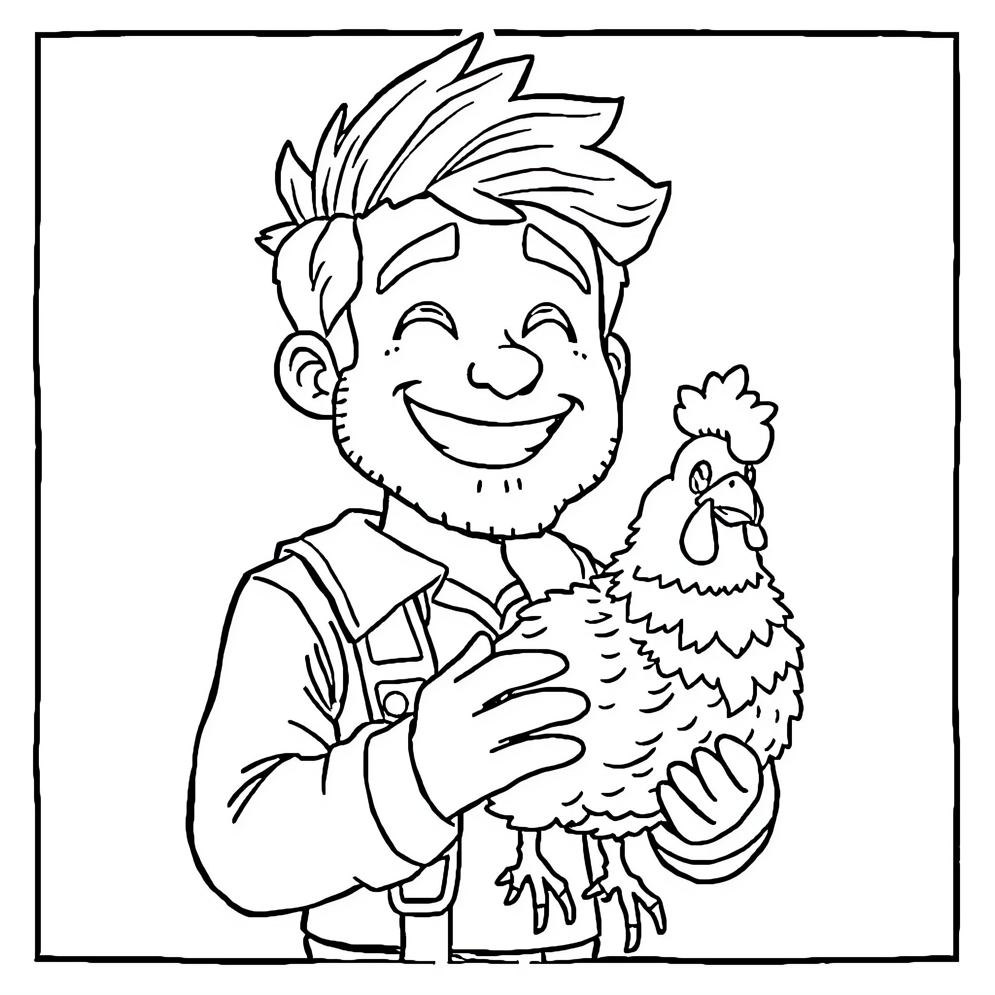 Shane holding a happy chicken on the farm Coloring Page (free black-and-white line drawing printable PDF for all, from beginners to advanced learners, including children, teens, adults, and seniors)