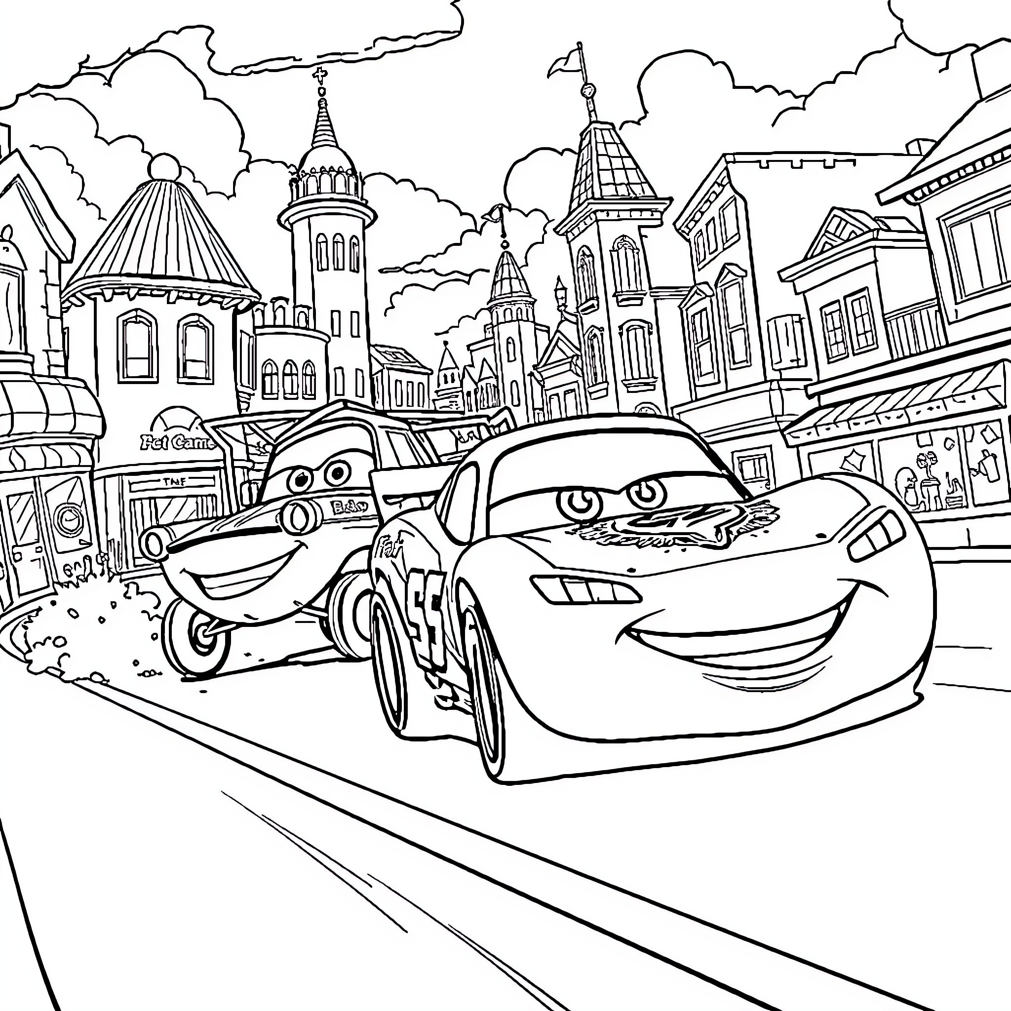 Pat Patrouille characters in a whimsical town setting Coloring Page (free black-and-white line drawing printable PDF for all, from beginners to advanced learners, including children, teens, adults, and seniors)