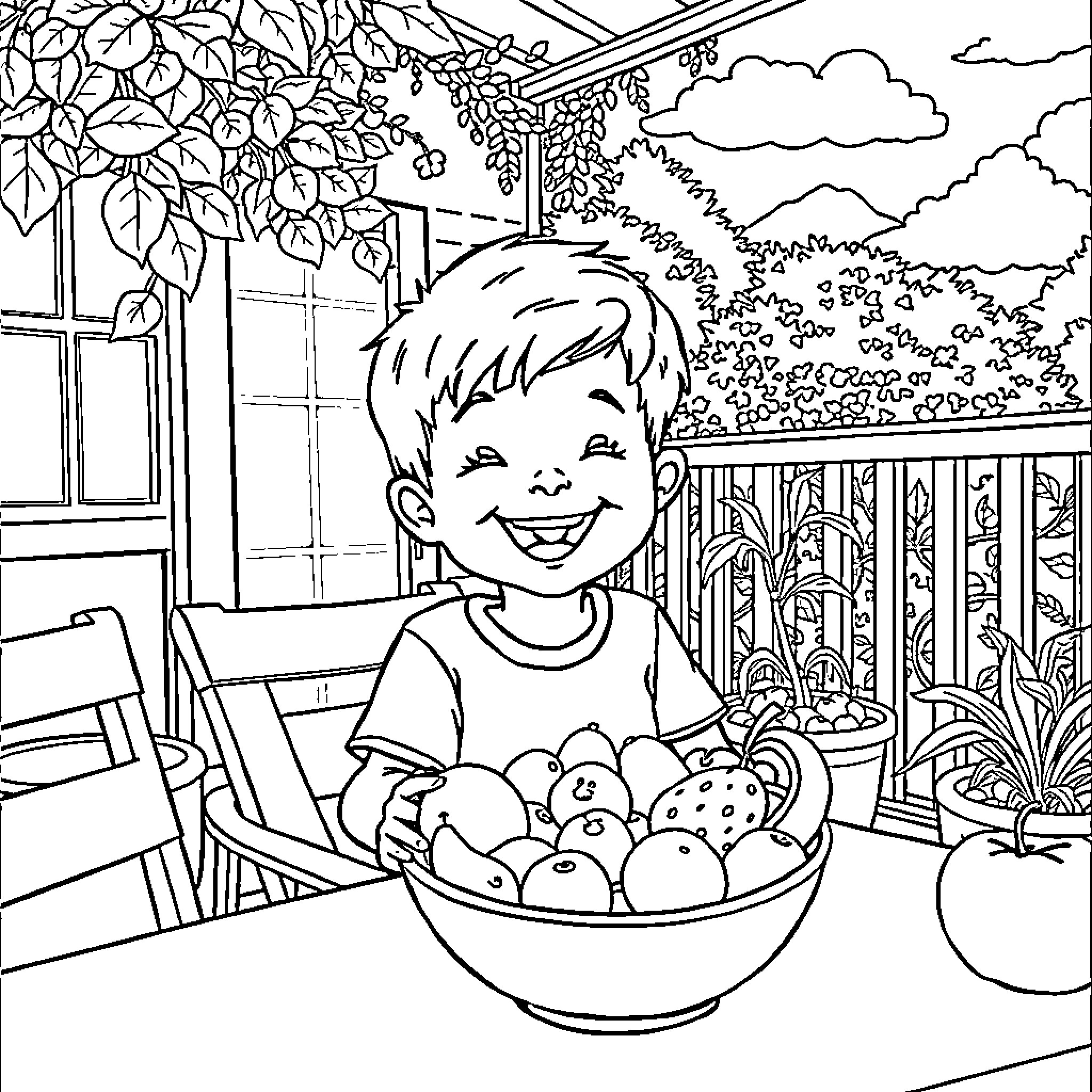 Boy Collecting Produce from Garden Coloring Page (free black-and-white line drawing printable PDF for all, from beginners to advanced learners, including children, teens, adults, and seniors)