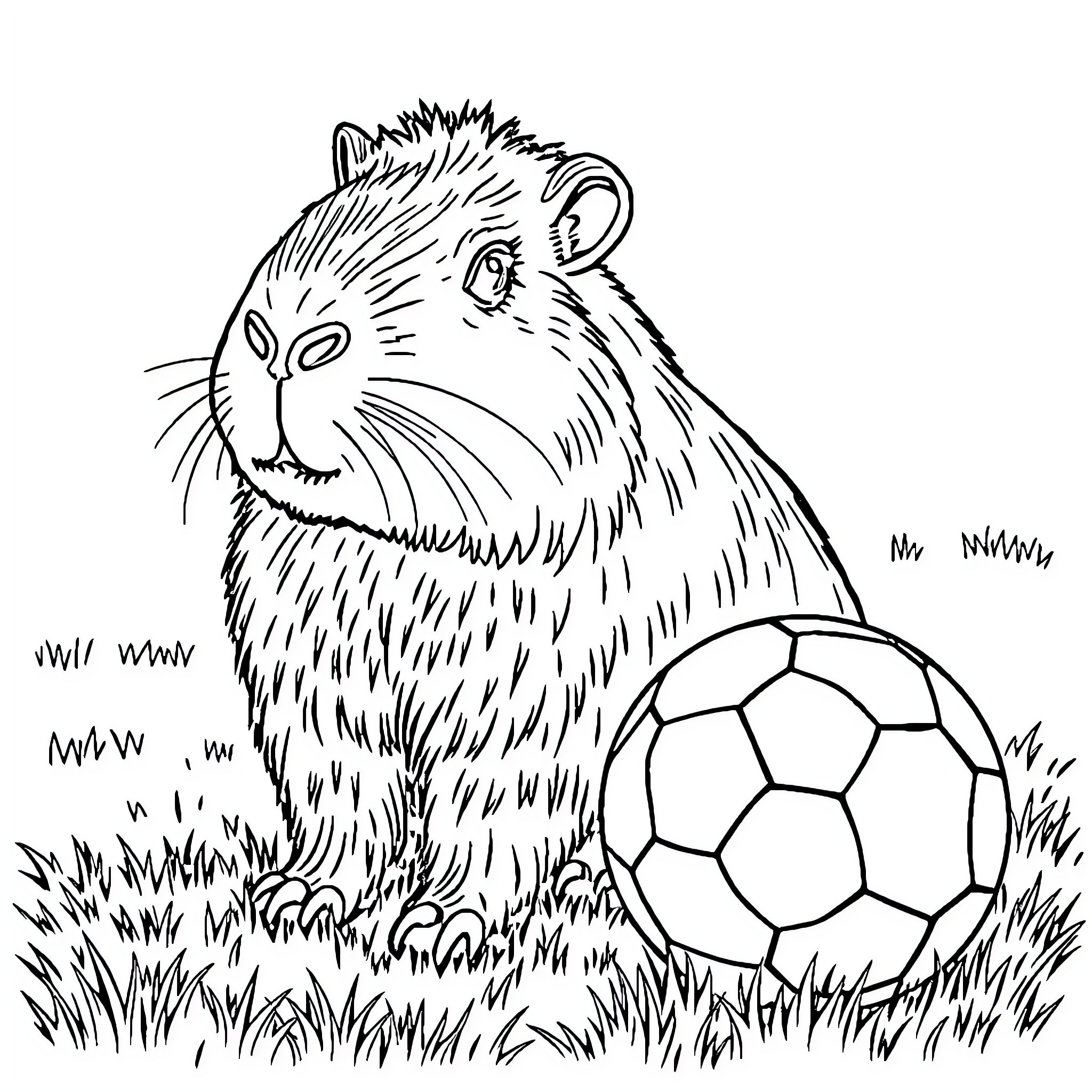 Capybara playing with soccer ball in the grass Coloring Page (free black-and-white line drawing printable PDF for all, from beginners to advanced learners, including children, teens, adults, and seniors)