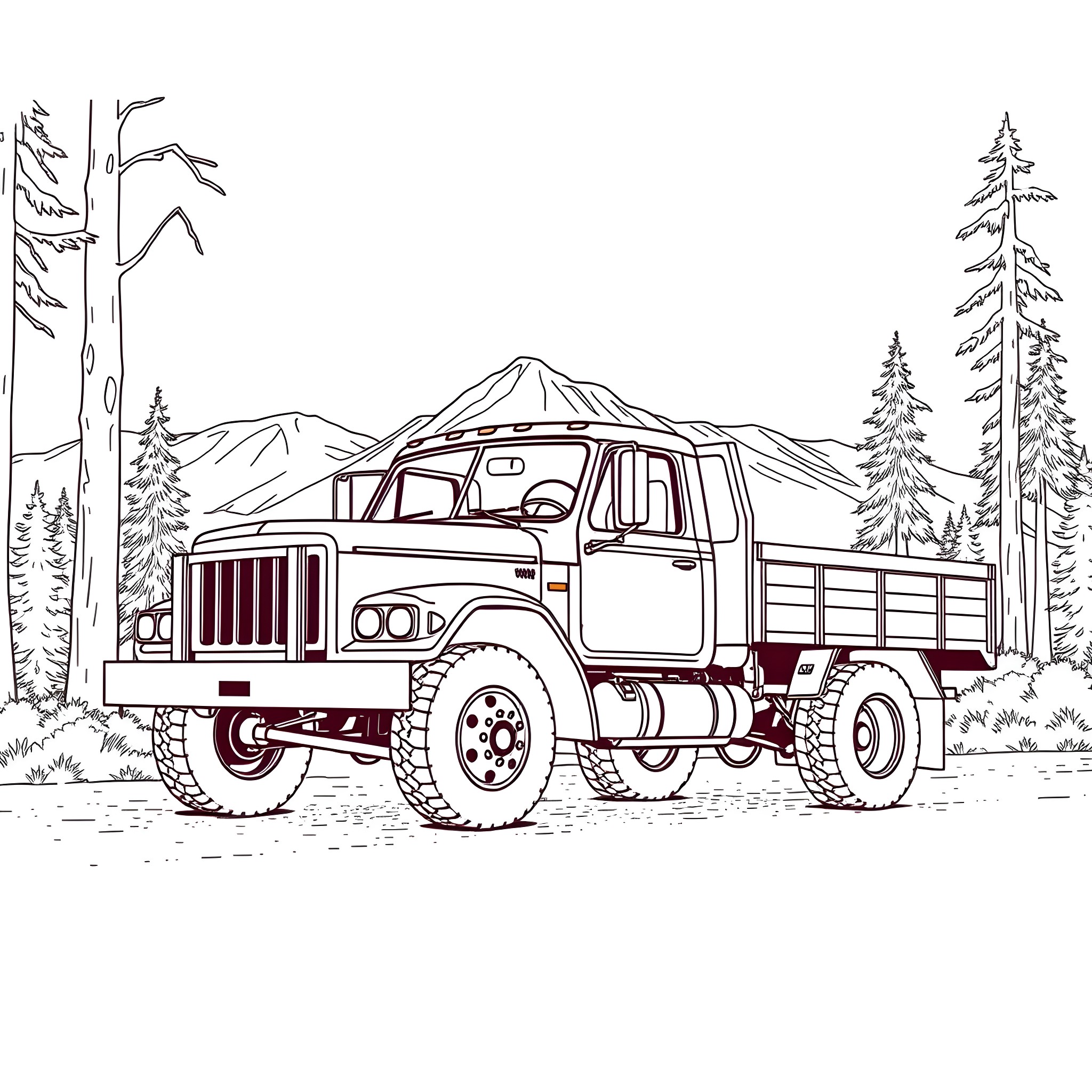 Flatbed truck navigating rugged mountain terrain Coloring Page (free black-and-white line drawing printable PDF for all, from beginners to advanced learners, including children, teens, adults, and seniors)