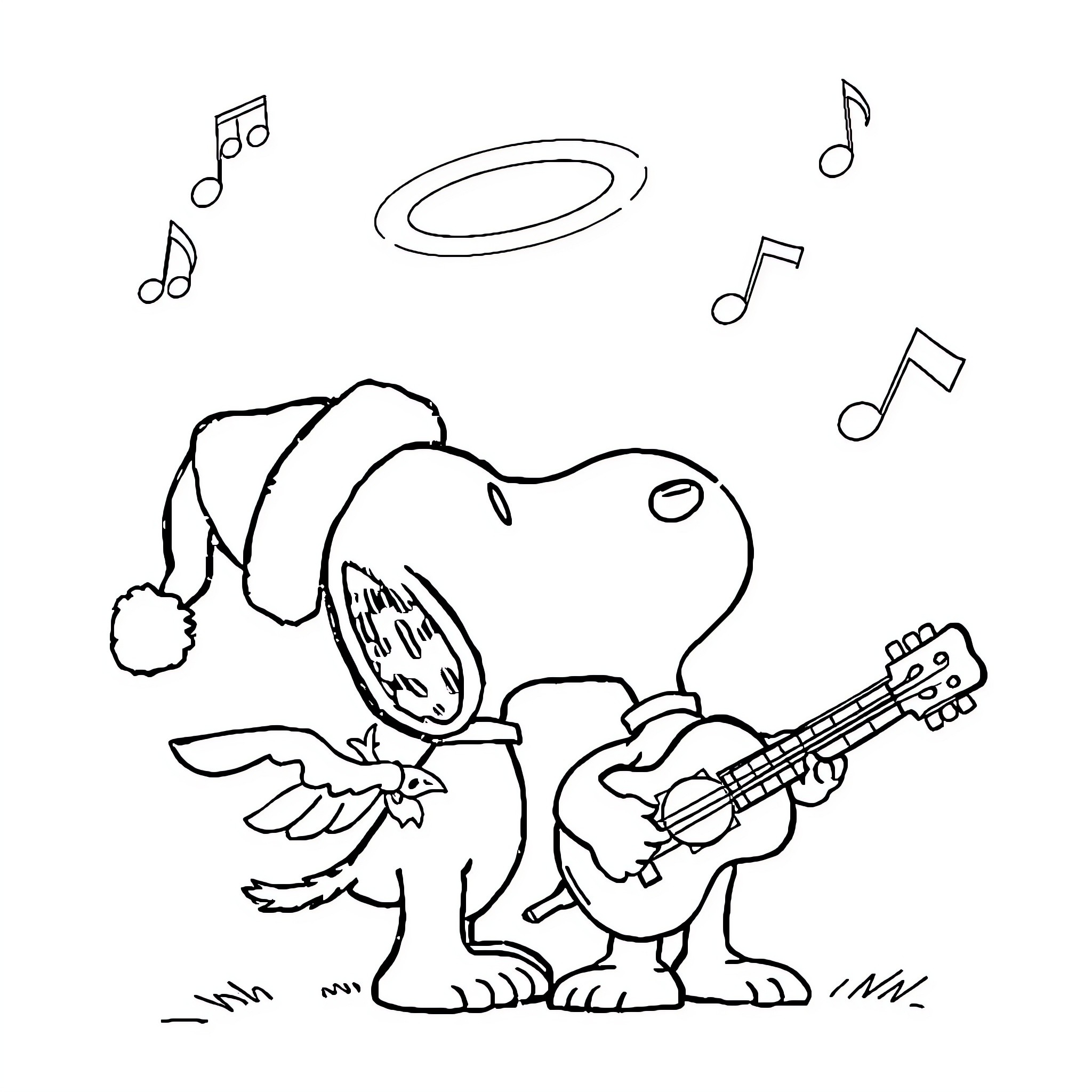 Snoopy playing guitar and singing with musical notes Coloring Page (free black-and-white line drawing printable PDF for all, from beginners to advanced learners, including children, teens, adults, and seniors)