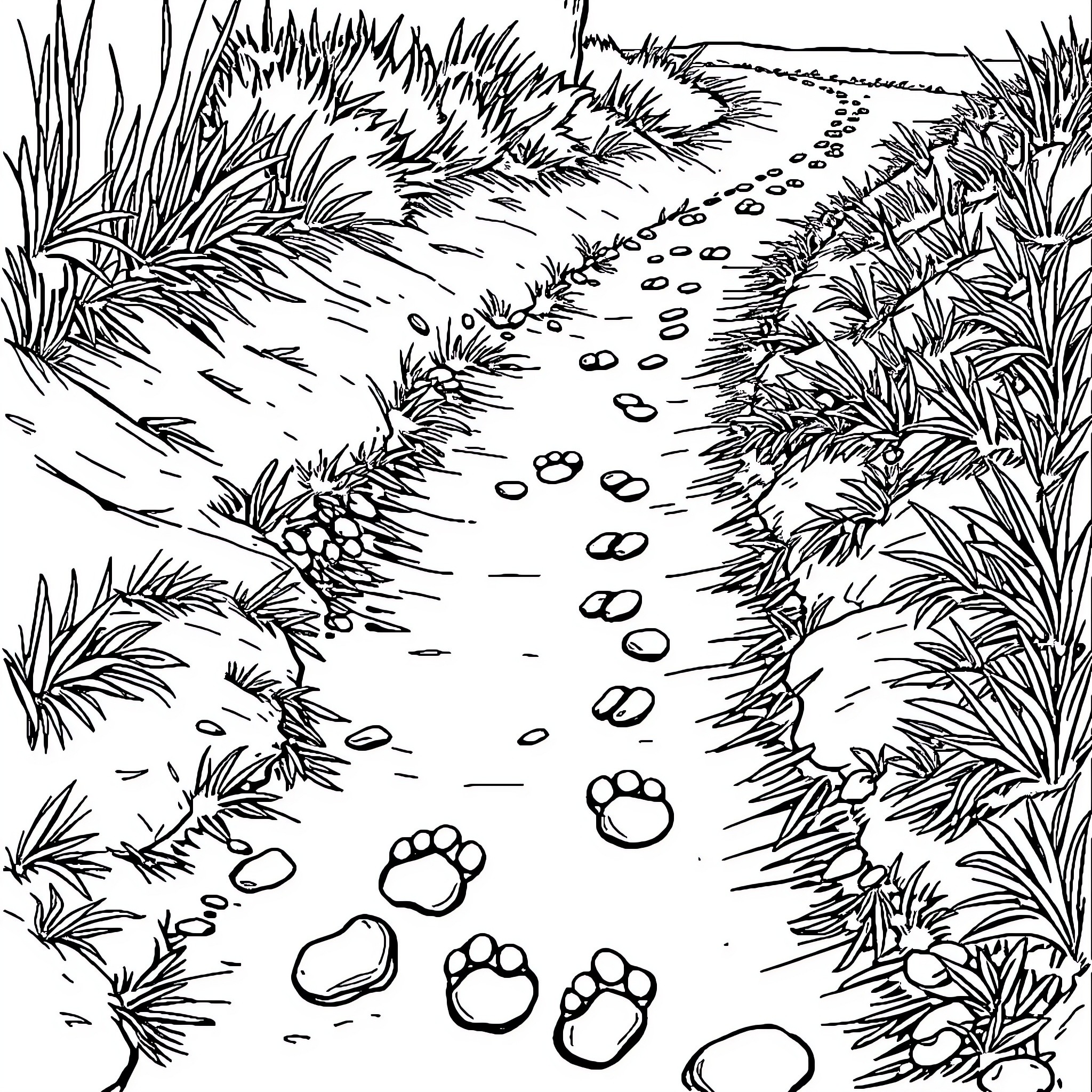 Pawprint Trail through Lush Foliage Coloring Page (free black-and-white line drawing printable PDF for all, from beginners to advanced learners, including children, teens, adults, and seniors)