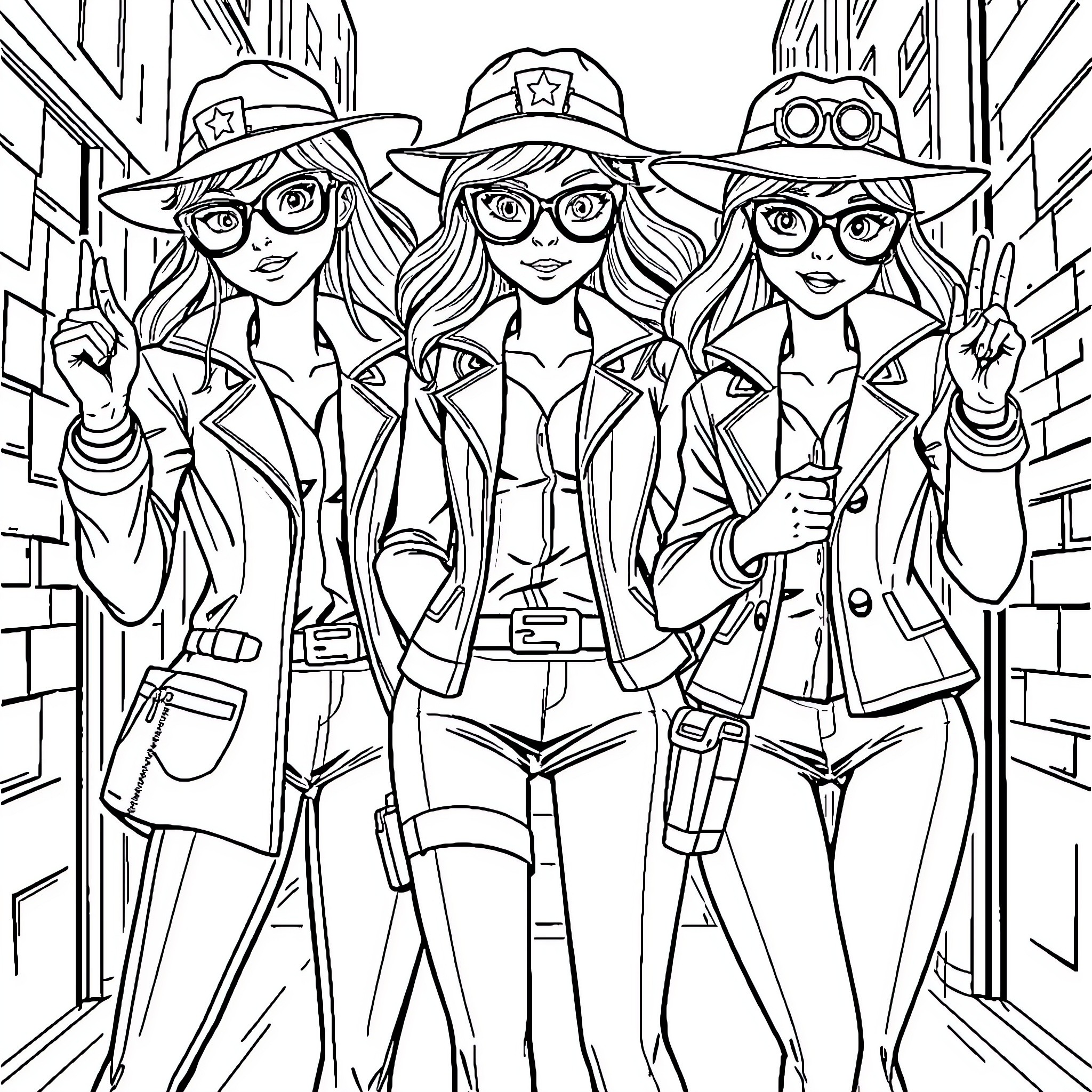 Spy Trio Investigating the Alley Coloring Page (free black-and-white line drawing printable PDF for all, from beginners to advanced learners, including children, teens, adults, and seniors)