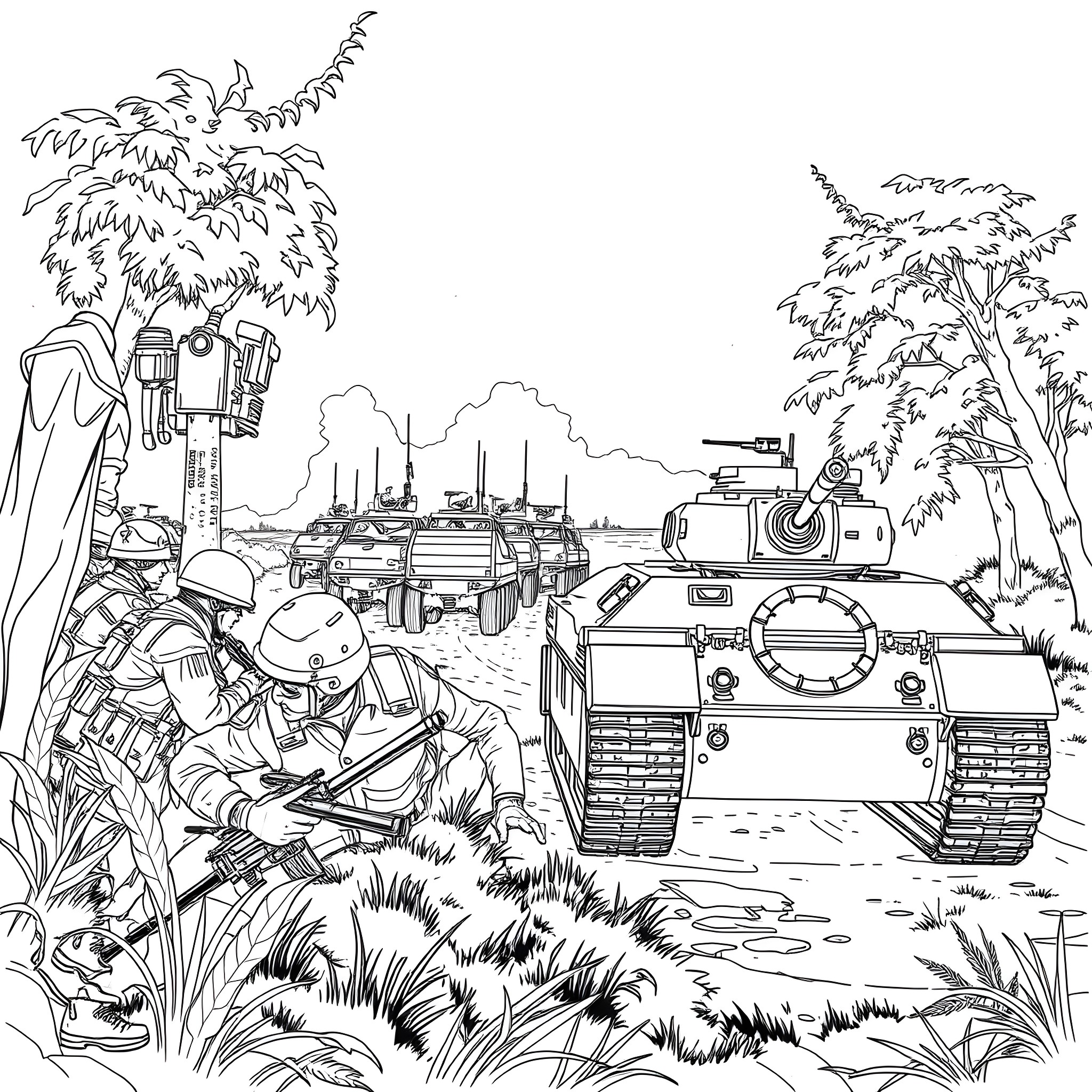 Army Man Soldiers in Battle Amid Military Vehicles and Tanks Coloring Page (free black-and-white line drawing printable PDF for all, from beginners to advanced learners, including children, teens, adults, and seniors)