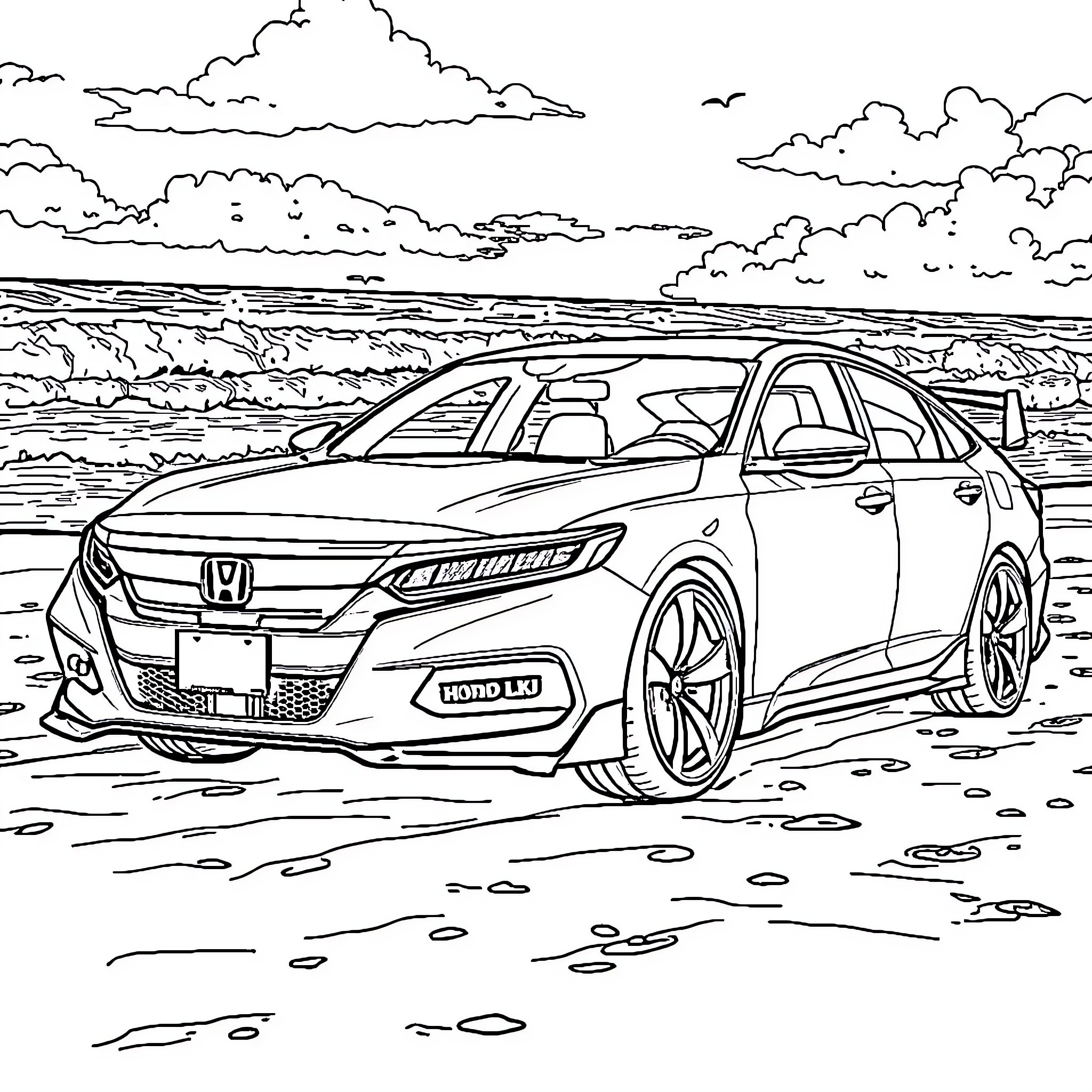 Honda Accord sports car on a coastal highway Coloring Page (free black-and-white line drawing printable PDF for all, from beginners to advanced learners, including children, teens, adults, and seniors)