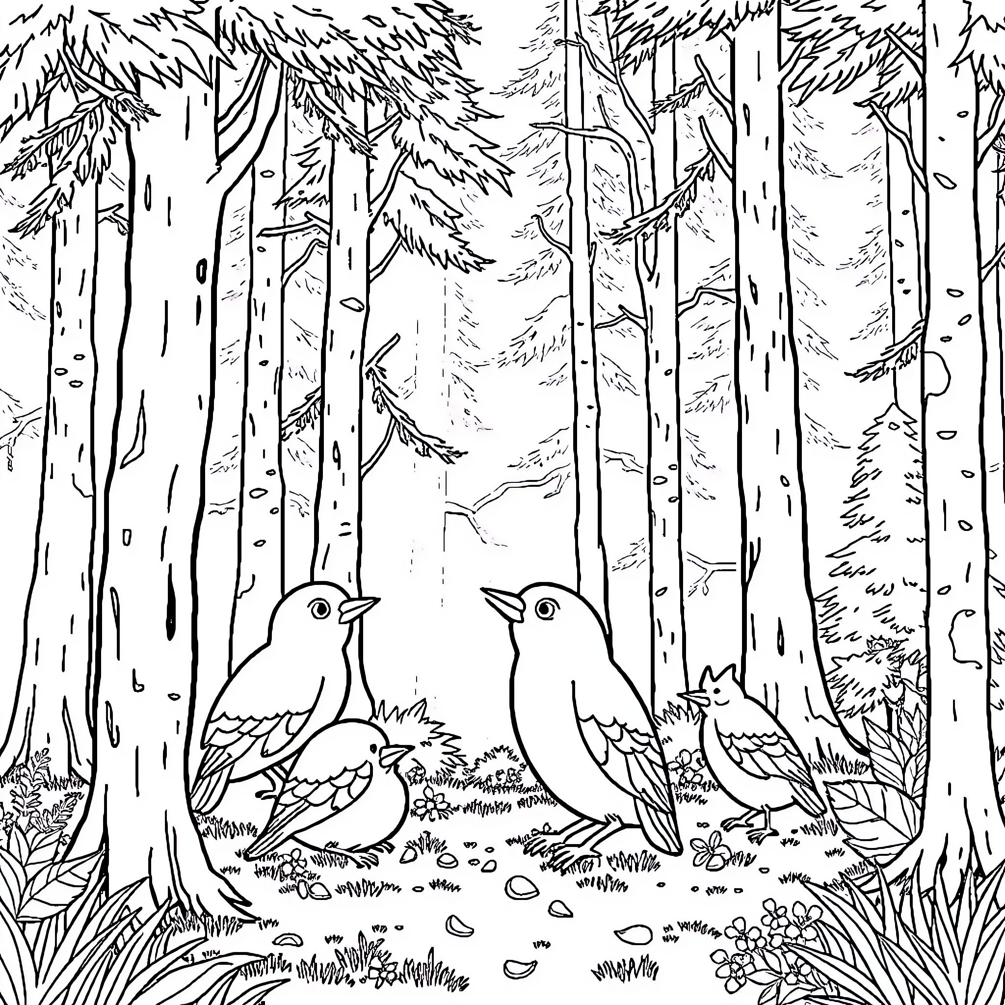 Tungtung Forest Birds Gathering Coloring Page (free black-and-white line drawing printable PDF for all, from beginners to advanced learners, including children, teens, adults, and seniors)