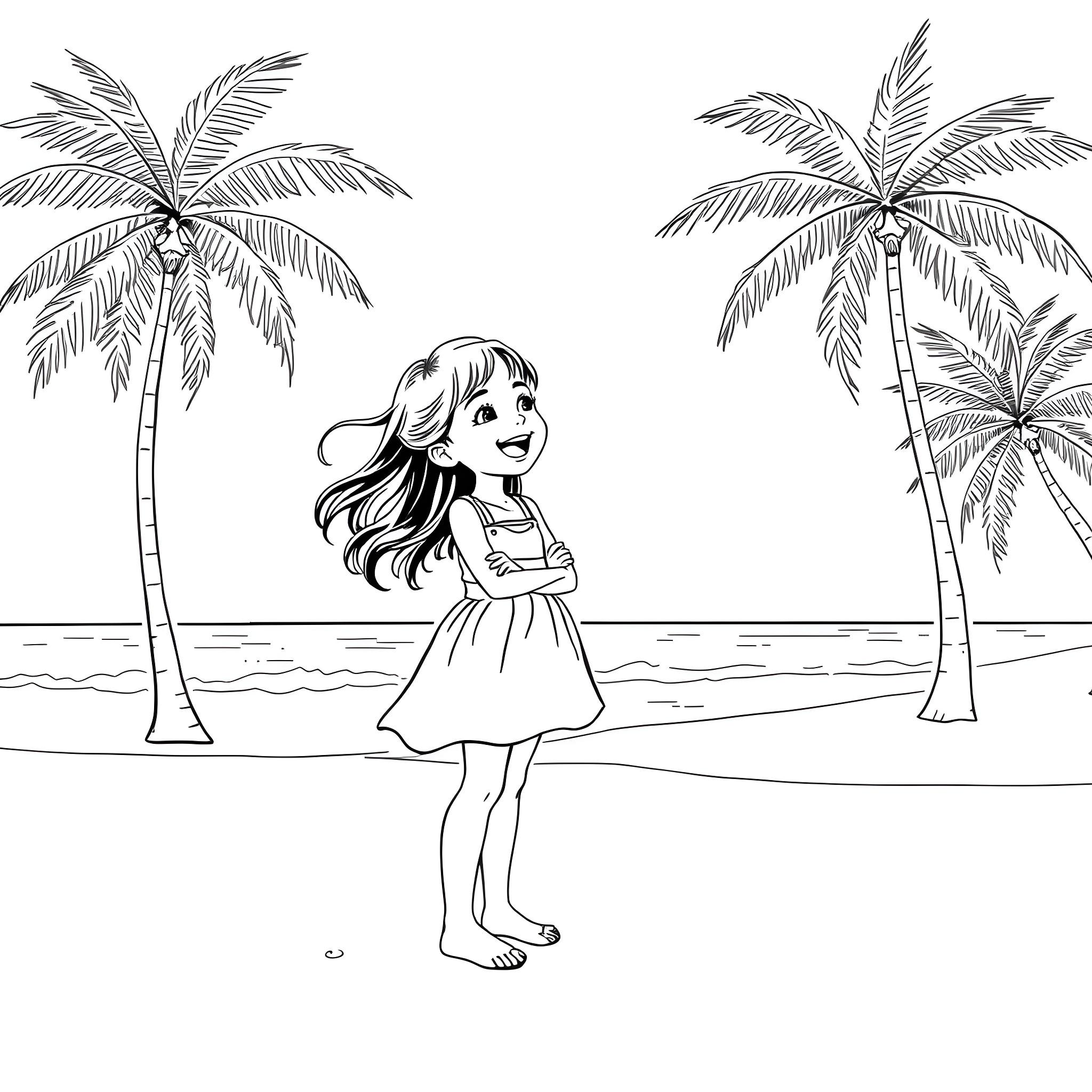 Girl enjoying the tropical beach scene Coloring Page (free black-and-white line drawing printable PDF for all, from beginners to advanced learners, including children, teens, adults, and seniors)