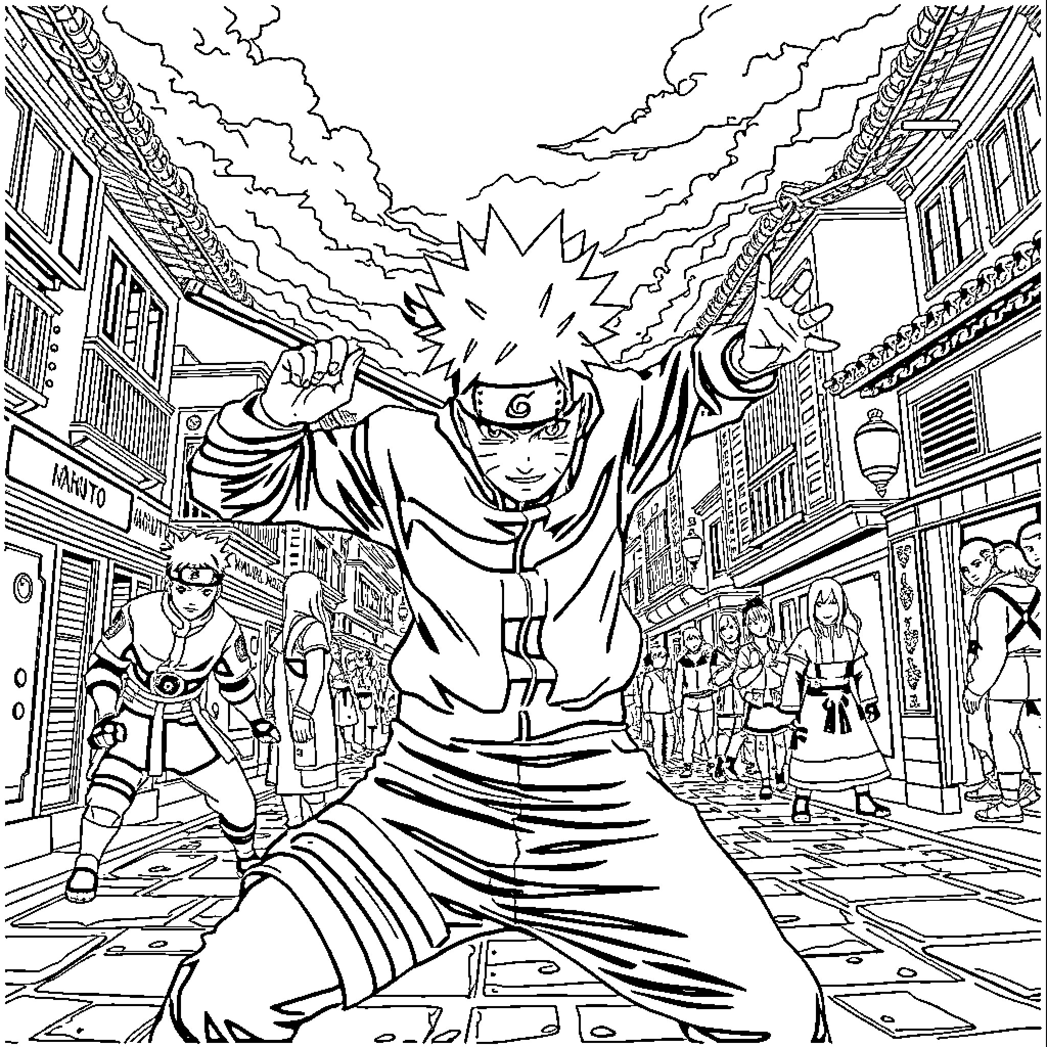 Naruto's Dynamic Ninja Action in the Bustling Village Coloring Page (free black-and-white line drawing printable PDF for all, from beginners to advanced learners, including children, teens, adults, and seniors)