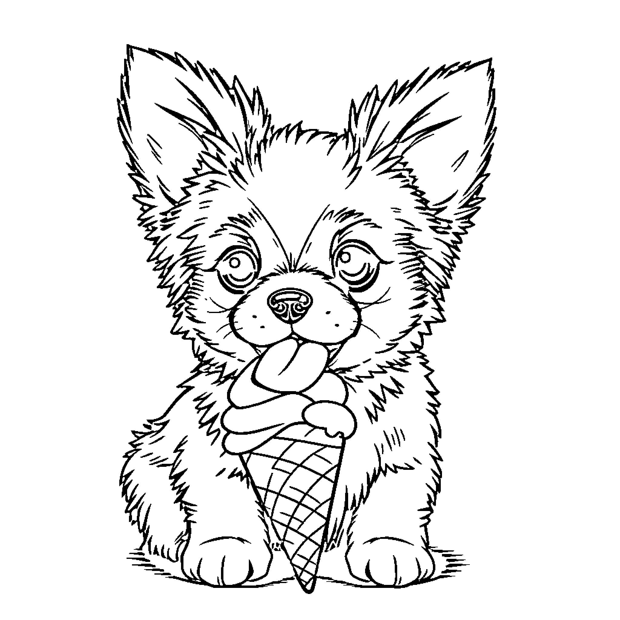 Papillon enjoying a frozen treat Coloring Page (free black-and-white line drawing printable PDF for all, from beginners to advanced learners, including children, teens, adults, and seniors)
