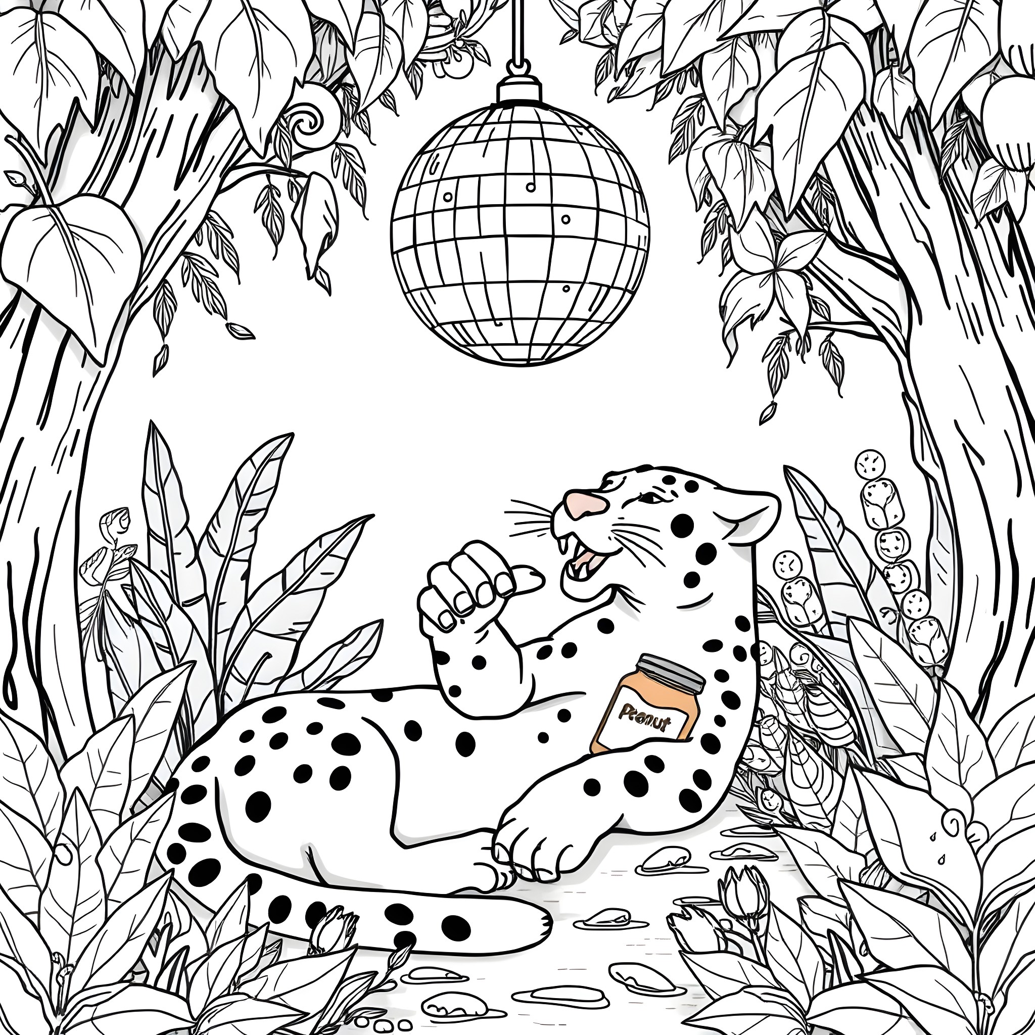 Panther prowling in the lush jungle with disco ball Coloring Page (free black-and-white line drawing printable PDF for all, from beginners to advanced learners, including children, teens, adults, and seniors)
