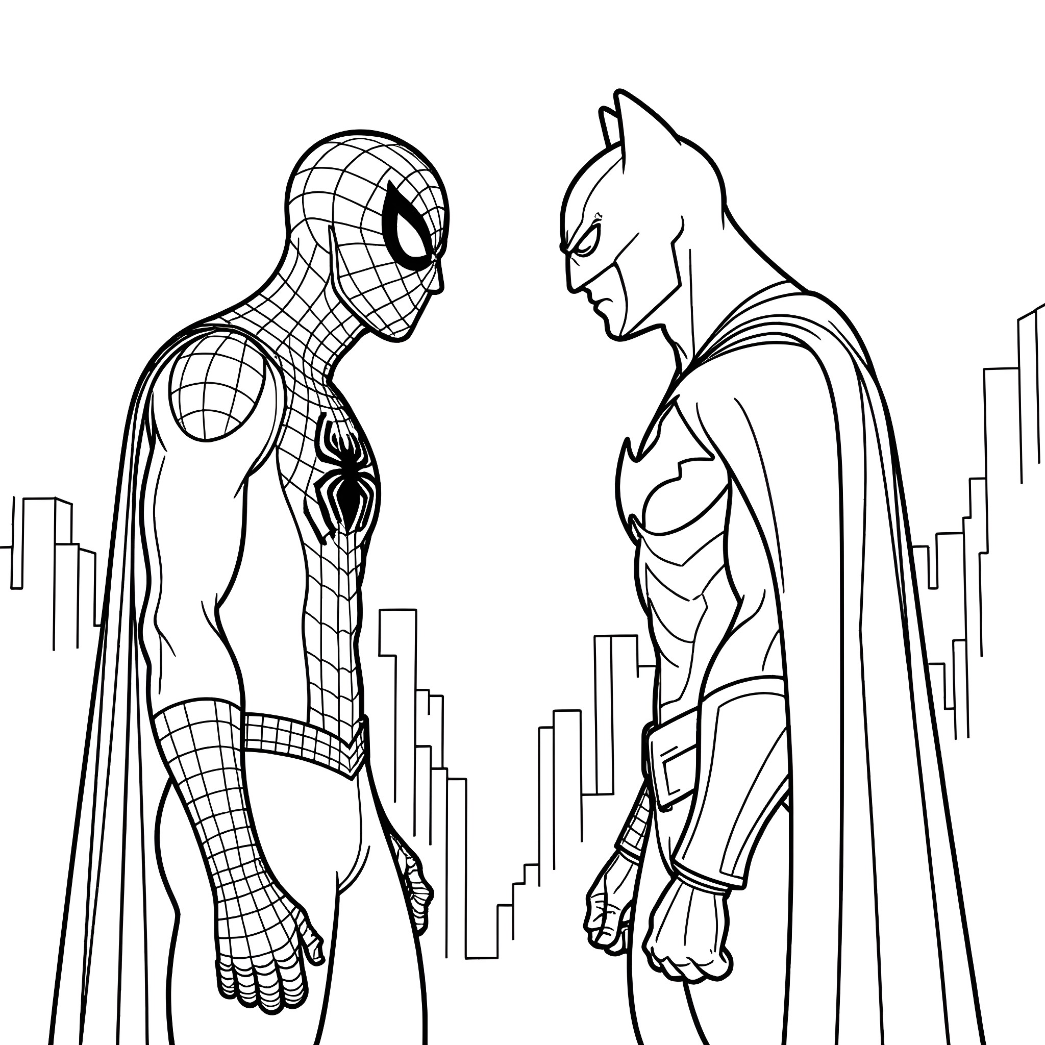 Spiderman and Batman facing off in the city Coloring Page (free black-and-white line drawing printable PDF for all, from beginners to advanced learners, including children, teens, adults, and seniors)