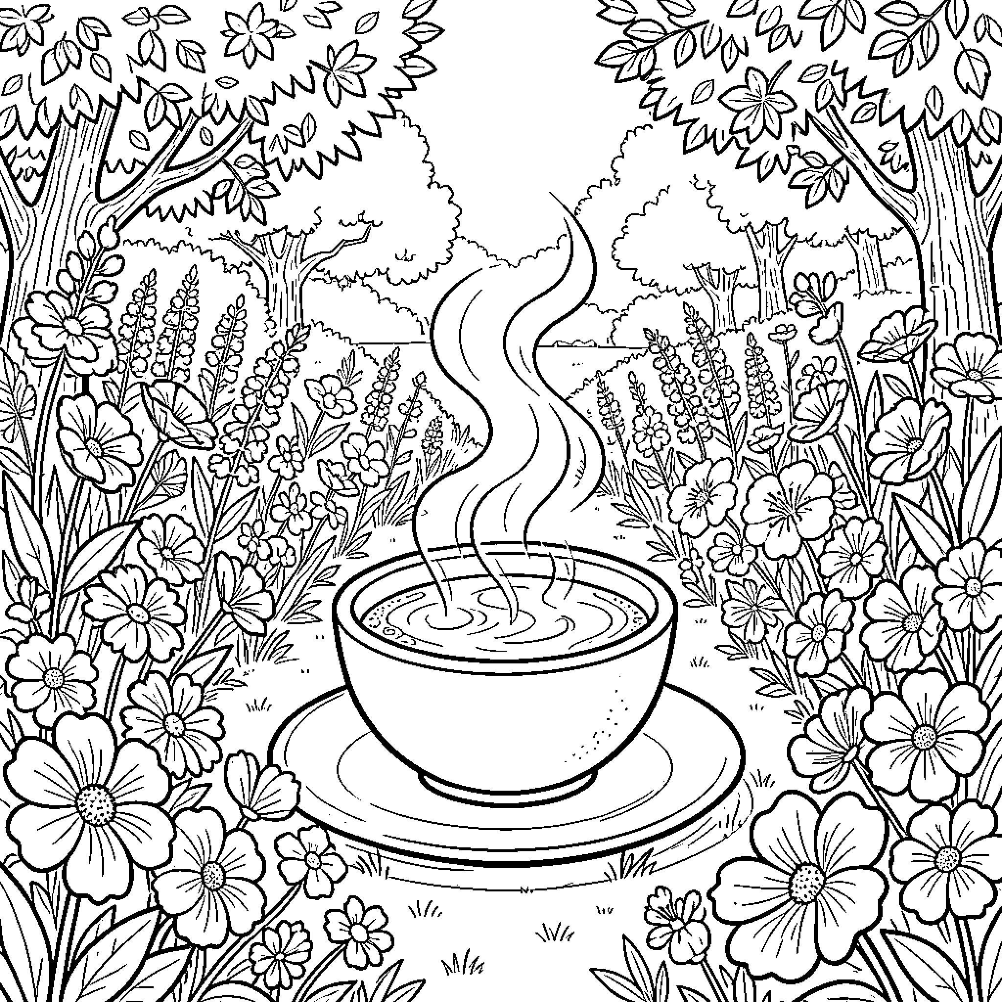 Mate enjoying a warm beverage in a floral paradise Coloring Page (free black-and-white line drawing printable PDF for all, from beginners to advanced learners, including children, teens, adults, and seniors)
