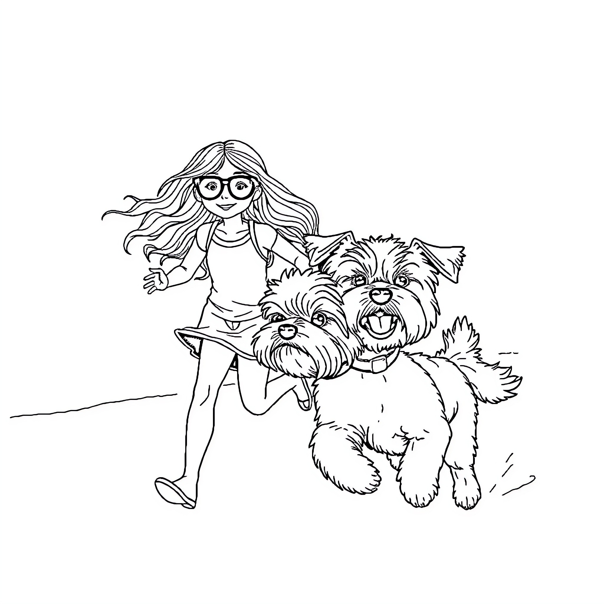 Shih Tzu playing joyfully with young girl Coloring Page (free black-and-white line drawing printable PDF for all, from beginners to advanced learners, including children, teens, adults, and seniors)