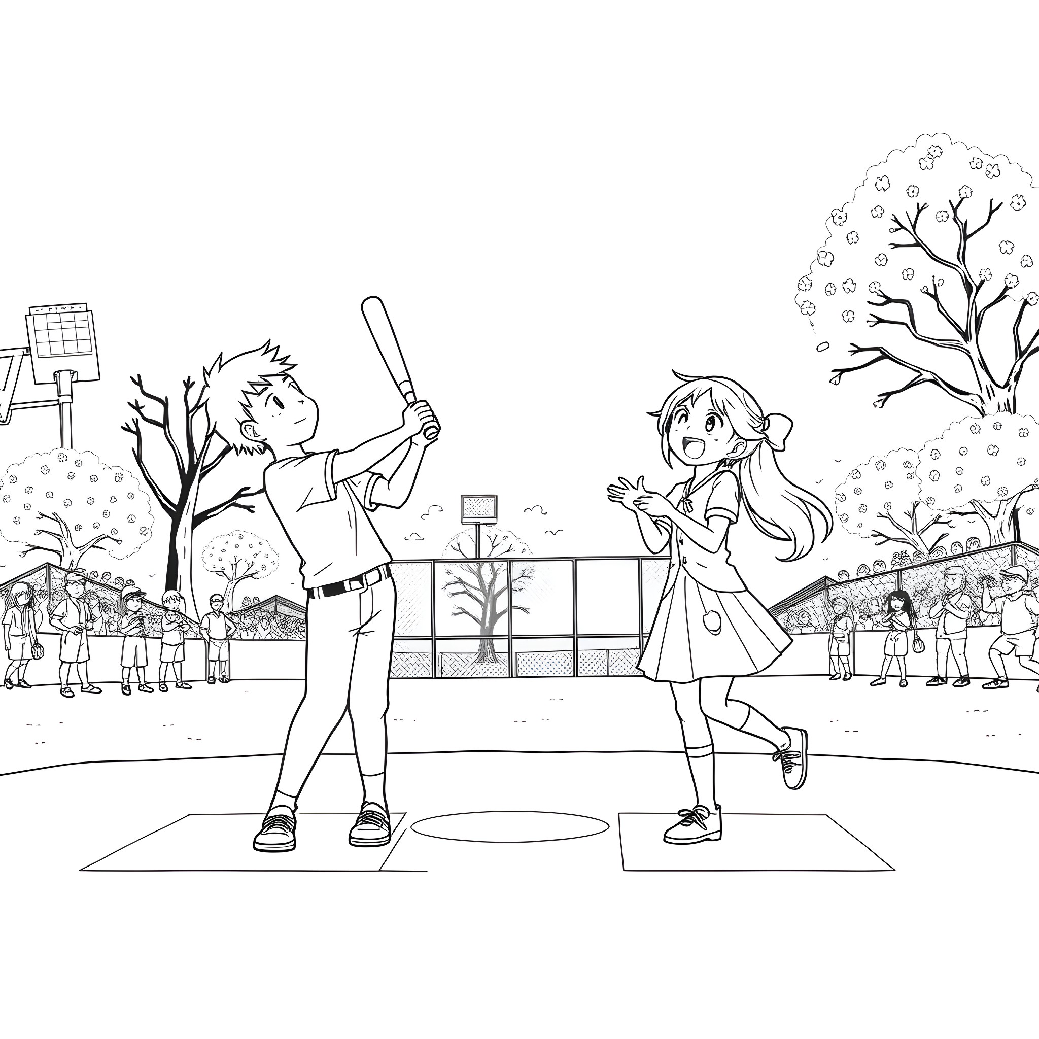 Tanjiro and Nezuko enjoying a baseball game Coloring Page (free black-and-white line drawing printable PDF for all, from beginners to advanced learners, including children, teens, adults, and seniors)