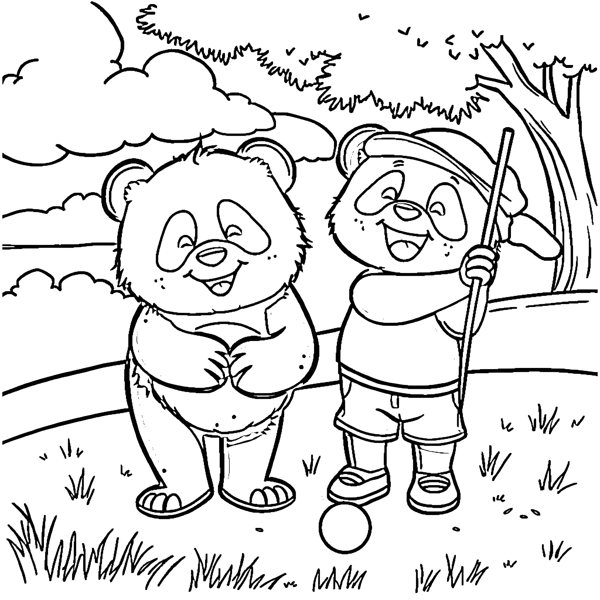 Panda friends exploring nature together Coloring Page (free black-and-white line drawing printable PDF for all, from beginners to advanced learners, including children, teens, adults, and seniors)