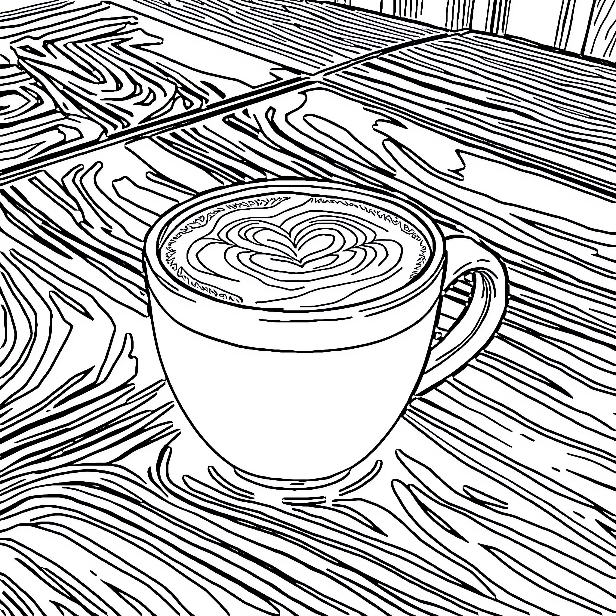 Cappuccino amidst abstract wooden patterns Coloring Page (free black-and-white line drawing printable PDF for all, from beginners to advanced learners, including children, teens, adults, and seniors)