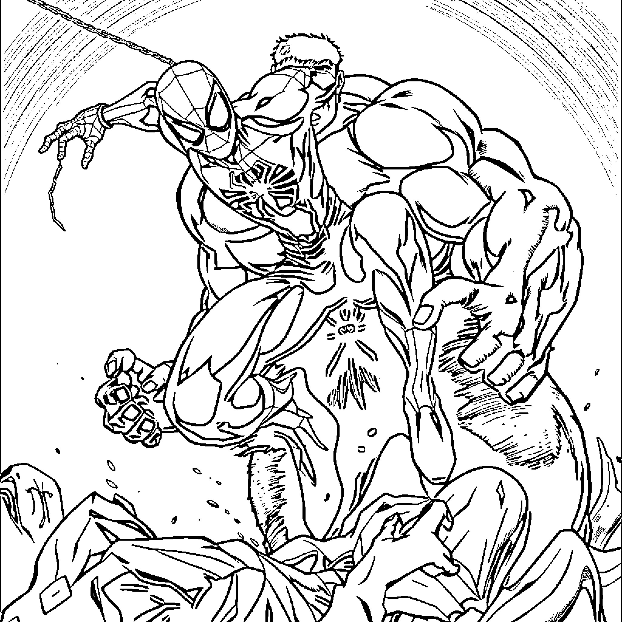 Spiderman Battling Powerful Villains in Intense Scene Coloring Page (free black-and-white line drawing printable PDF for all, from beginners to advanced learners, including children, teens, adults, and seniors)