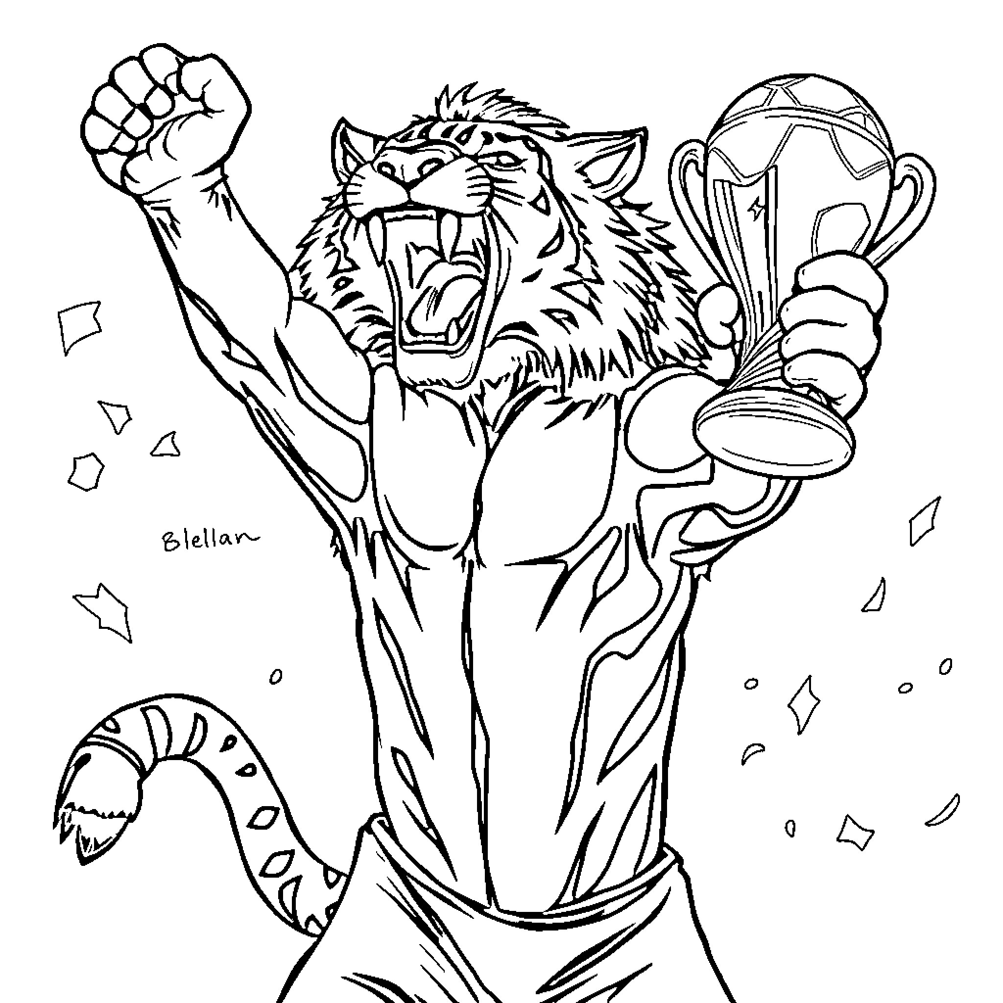 Predator Tiger Roaring with Trophy Cup Coloring Page (free black-and-white line drawing printable PDF for all, from beginners to advanced learners, including children, teens, adults, and seniors)