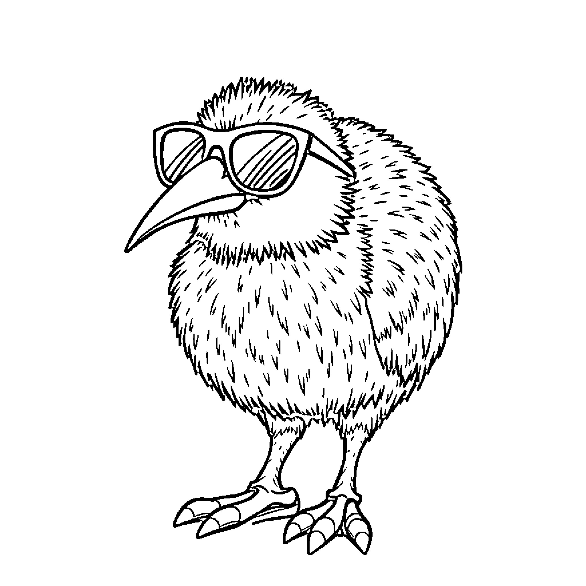 Kiwi bird wearing stylish sunglasses Coloring Page (free black-and-white line drawing printable PDF for all, from beginners to advanced learners, including children, teens, adults, and seniors)