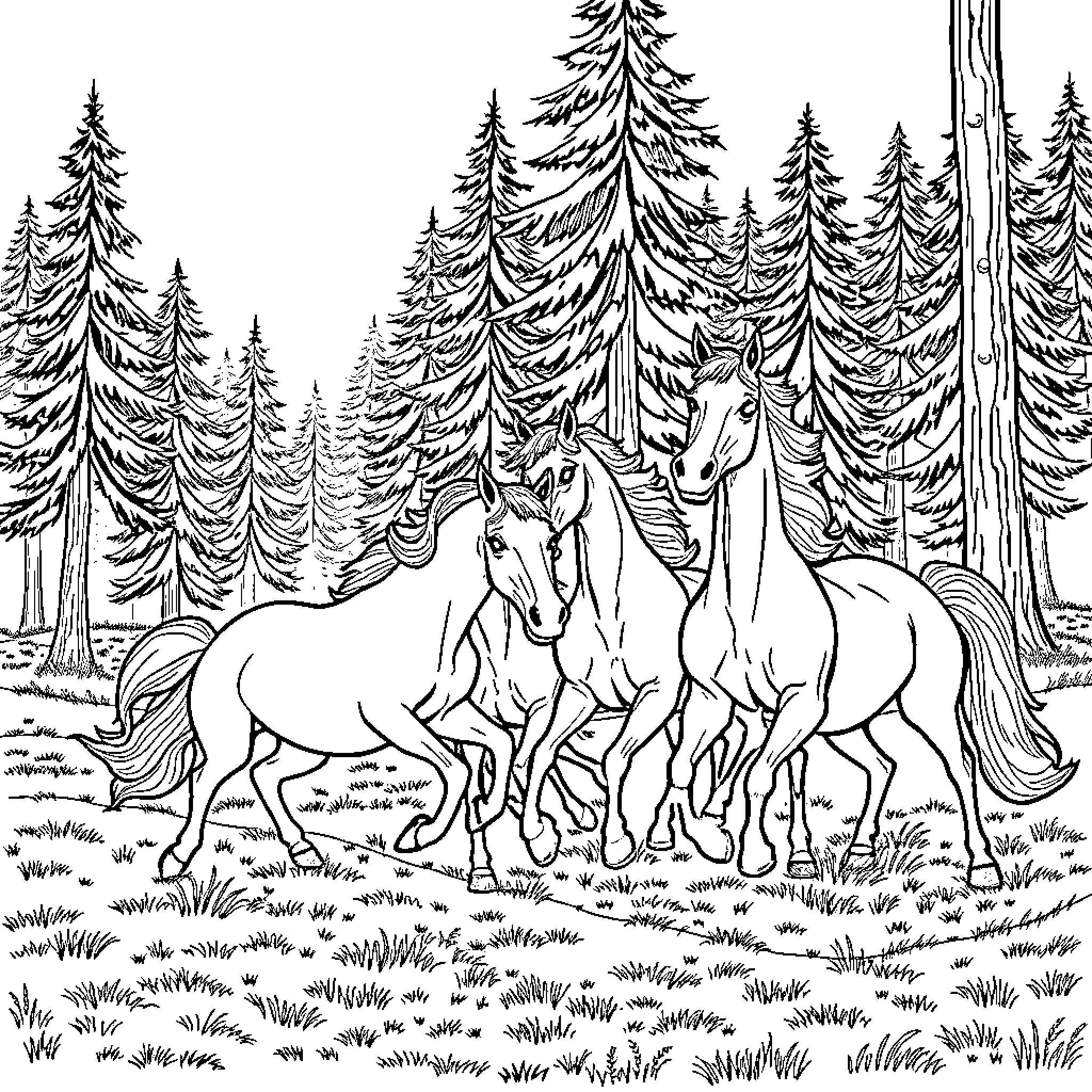 Horses galloping through a snowy forest Coloring Page (free black-and-white line drawing printable PDF for all, from beginners to advanced learners, including children, teens, adults, and seniors)