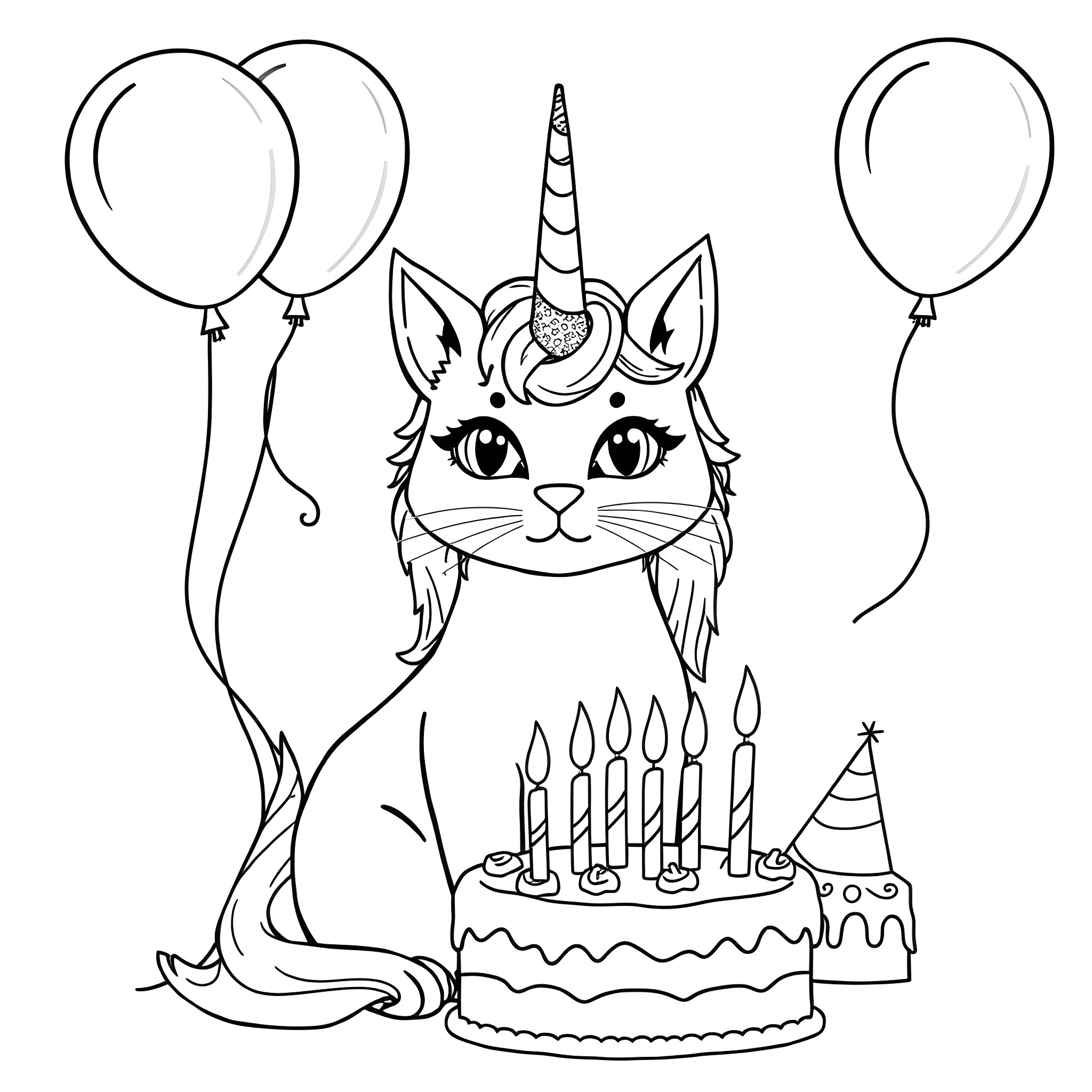 Unicorn Cat celebrating birthday with cake and balloons Coloring Page (free black-and-white line drawing printable PDF for all, from beginners to advanced learners, including children, teens, adults, and seniors)
