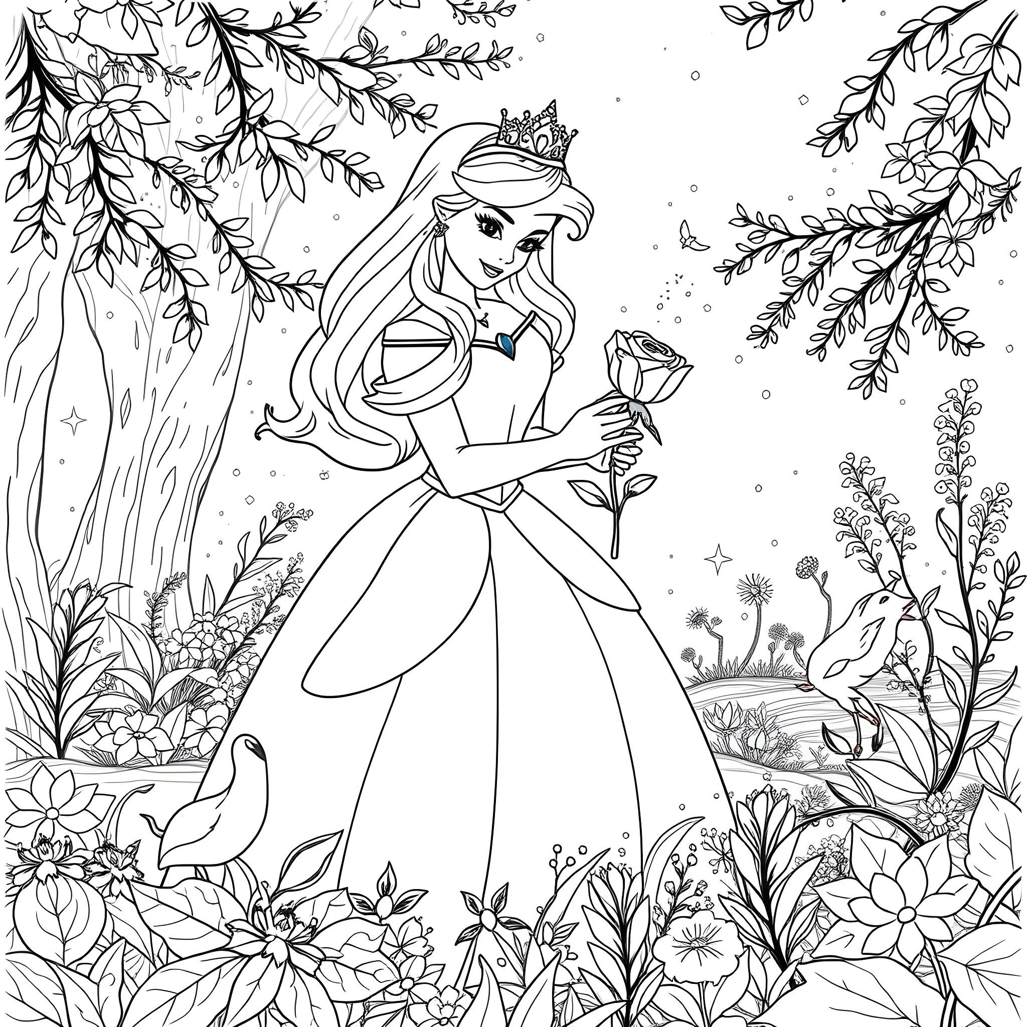 Aurora in a Floral Fantasy Coloring Page (free black-and-white line drawing printable PDF for all, from beginners to advanced learners, including children, teens, adults, and seniors)